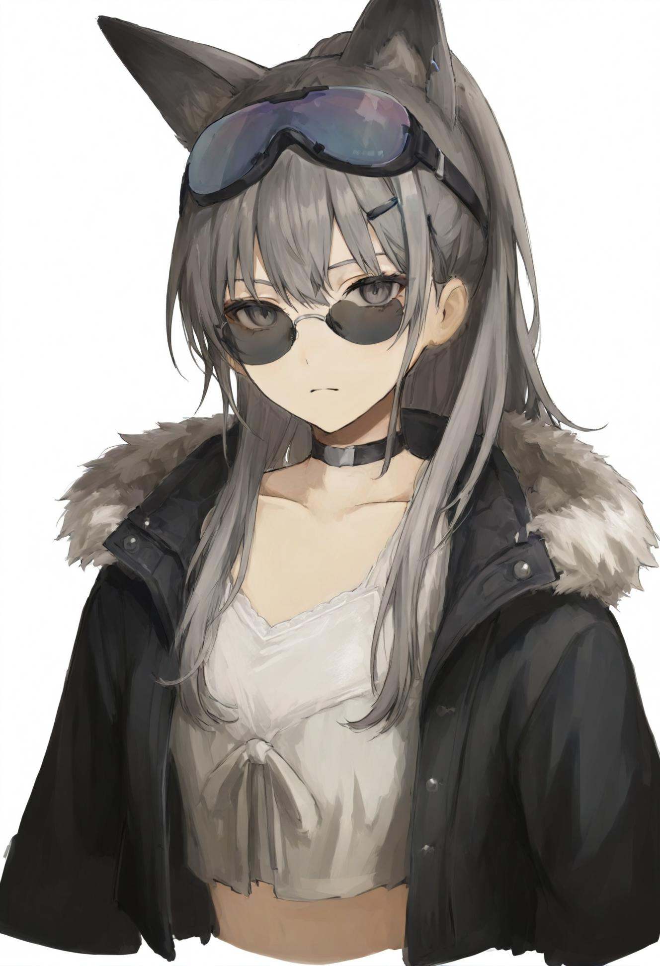 masterpiece, best quality,1girl, silver wolf \(honkai: star rail\), solo, grey hair, jacket, grey eyes, white background, looking at viewer, fur trim, eyewear on head, simple background, fur-trimmed jacket, hair between eyes, closed mouth, ponytail, crossed bangs, goggles on head, shirt, upper body, white shirt, long hair, hair ribbon, goggles, hair ornament, ribbon, choker, hairclip, tinted eyewear, portrait, drill hair, collarbone, cropped torso <lora:iwzryXLlokr4f-000140:0.95>