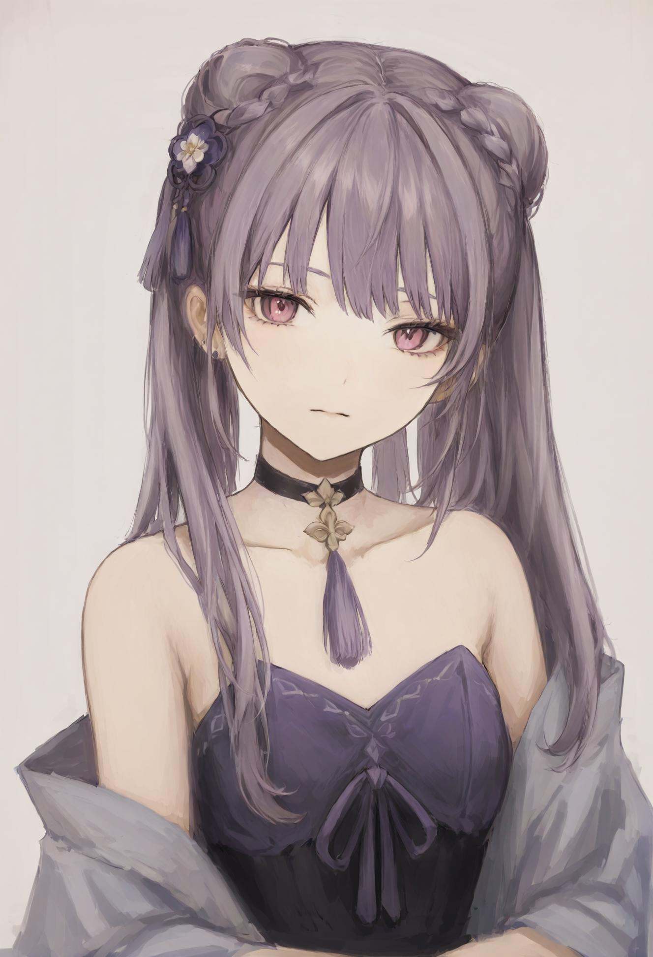 masterpiece, best quality,1girl, keqing \(genshin impact\), solo, jewelry, hair ornament, twintails, earrings, hair bun, purple hair, cone hair bun, looking at viewer, white background, simple background, bare shoulders, long hair, closed mouth, neck tassel, braid, purple eyes, portrait, choker, hair between eyes, flower, double bun, hair flower, pink eyes, tassel <lora:iwzryXLlokr4f-000140:0.95>