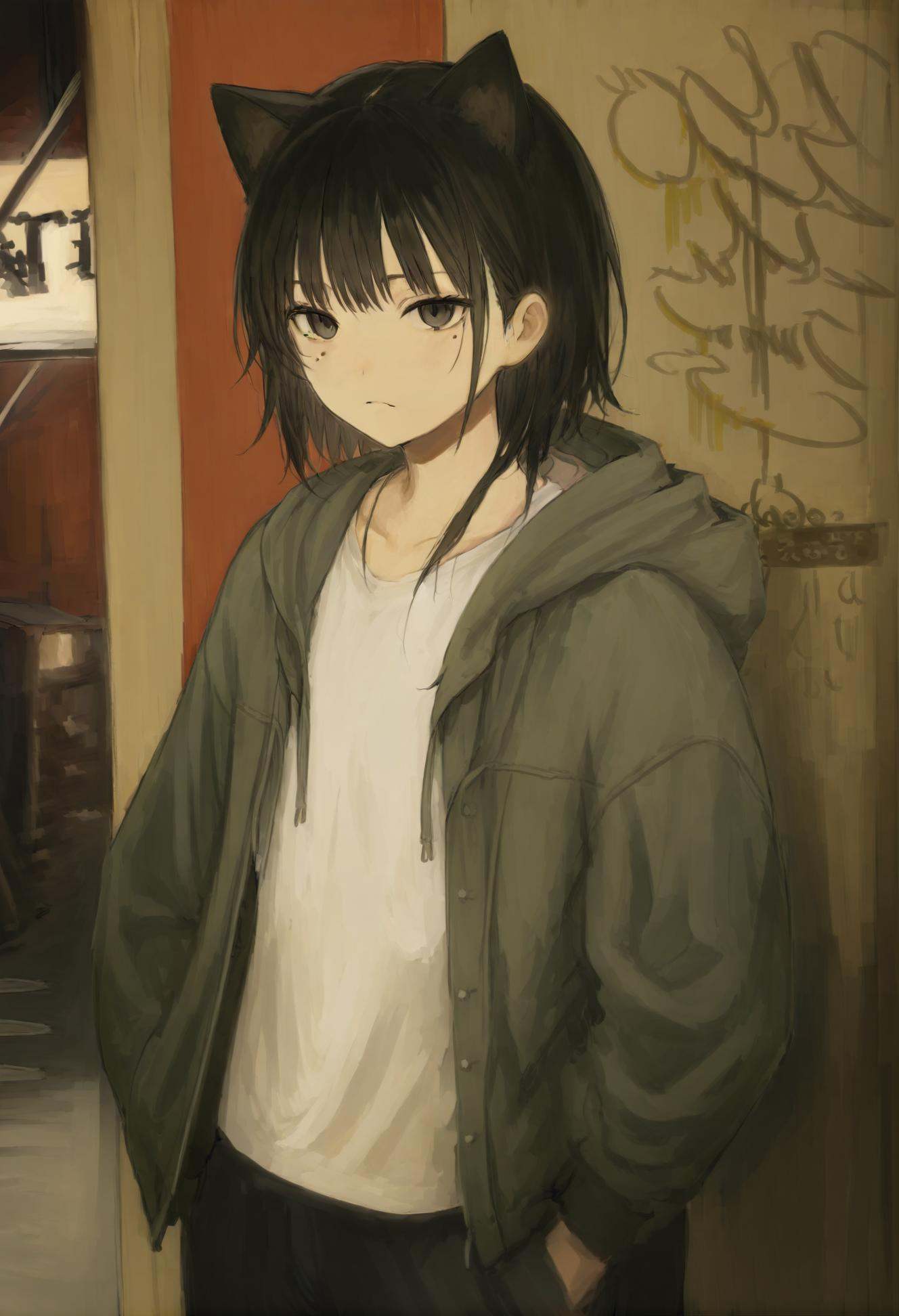 masterpiece, best quality,1girl, animal ears, solo, shirt, jacket, hands in pockets, pants, black eyes, black hair, open clothes, cat ears, white shirt, red background, short hair, open jacket, hood, closed mouth, hair between eyes, looking at viewer, cowboy shot, hooded jacket, hood down, mole under eye, mole, standing, cat girl, long sleeves, expressionless  <lora:iwzryXLlokr4f-000140:0.95>