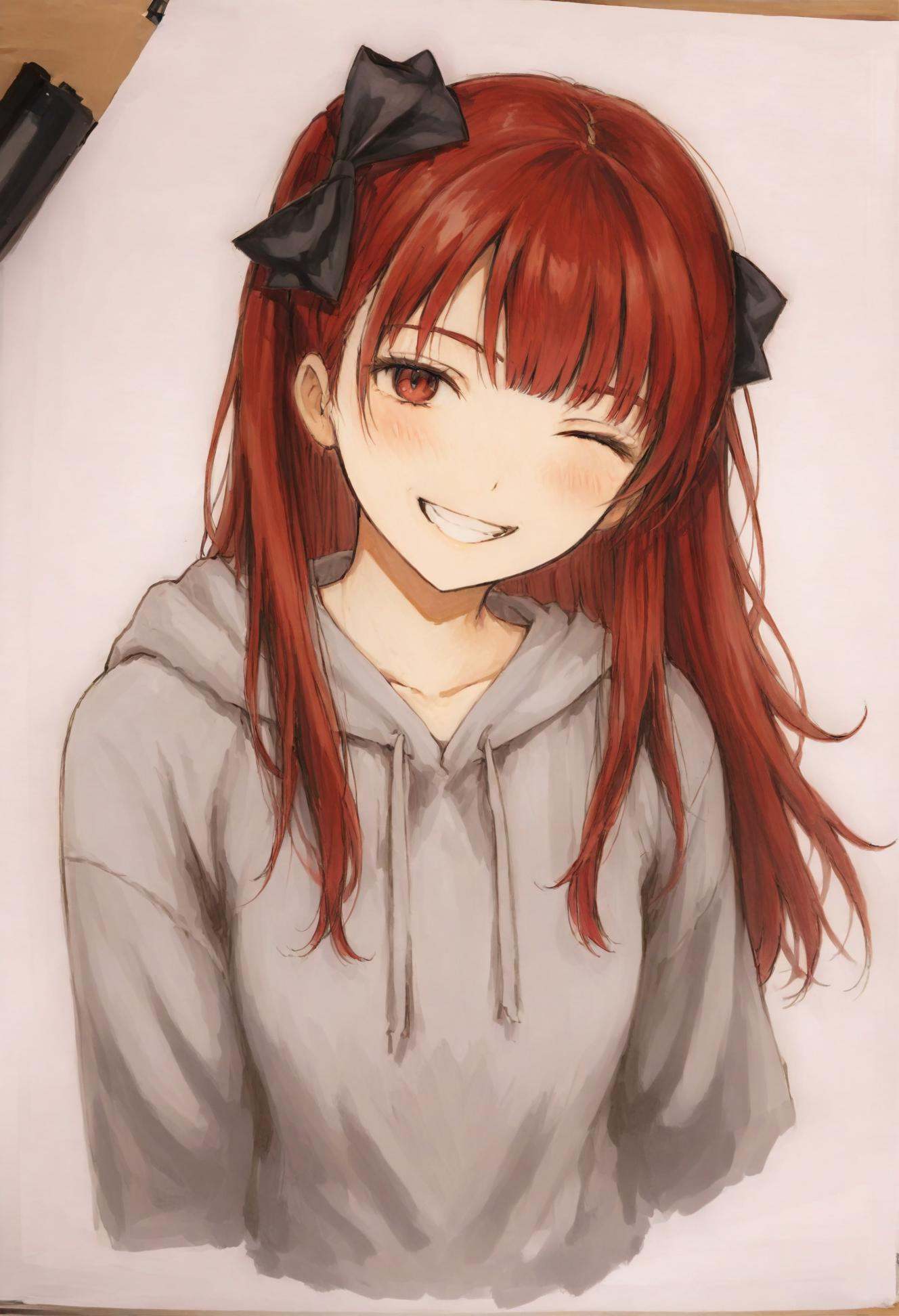 masterpiece, best quality,sakura kyoko, 1girl, one eye closed, solo, long hair, red eyes, smile, red hair, ponytail, hood, grin, bow, hair bow, white background, looking at viewer, simple background, upper body, hoodie, collarbone, black bow, blush, traditional media, portrait, jacket <lora:iwzryXLlokr4f-000140:0.95>