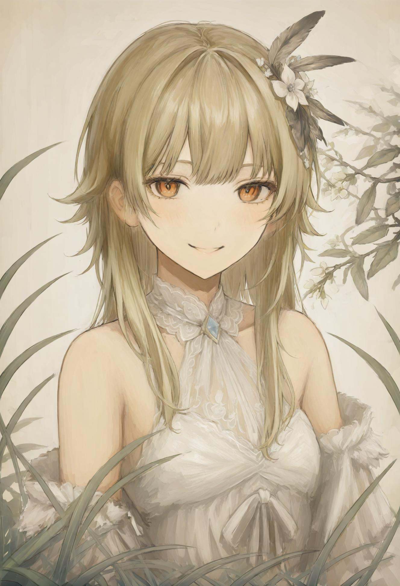 masterpiece, best quality,1girl, lumine \(genshin impact\), solo, hair ornament, flower, hair flower, blonde hair, short hair with long locks, white background, looking at viewer, simple background, white flower, feathers, smile, feather hair ornament, yellow eyes, closed mouth, bare shoulders, hair between eyes, white dress, dress, portrait, blush, upper body, sidelocks, orange eyes <lora:iwzryXLlokr4f-000140:0.95>