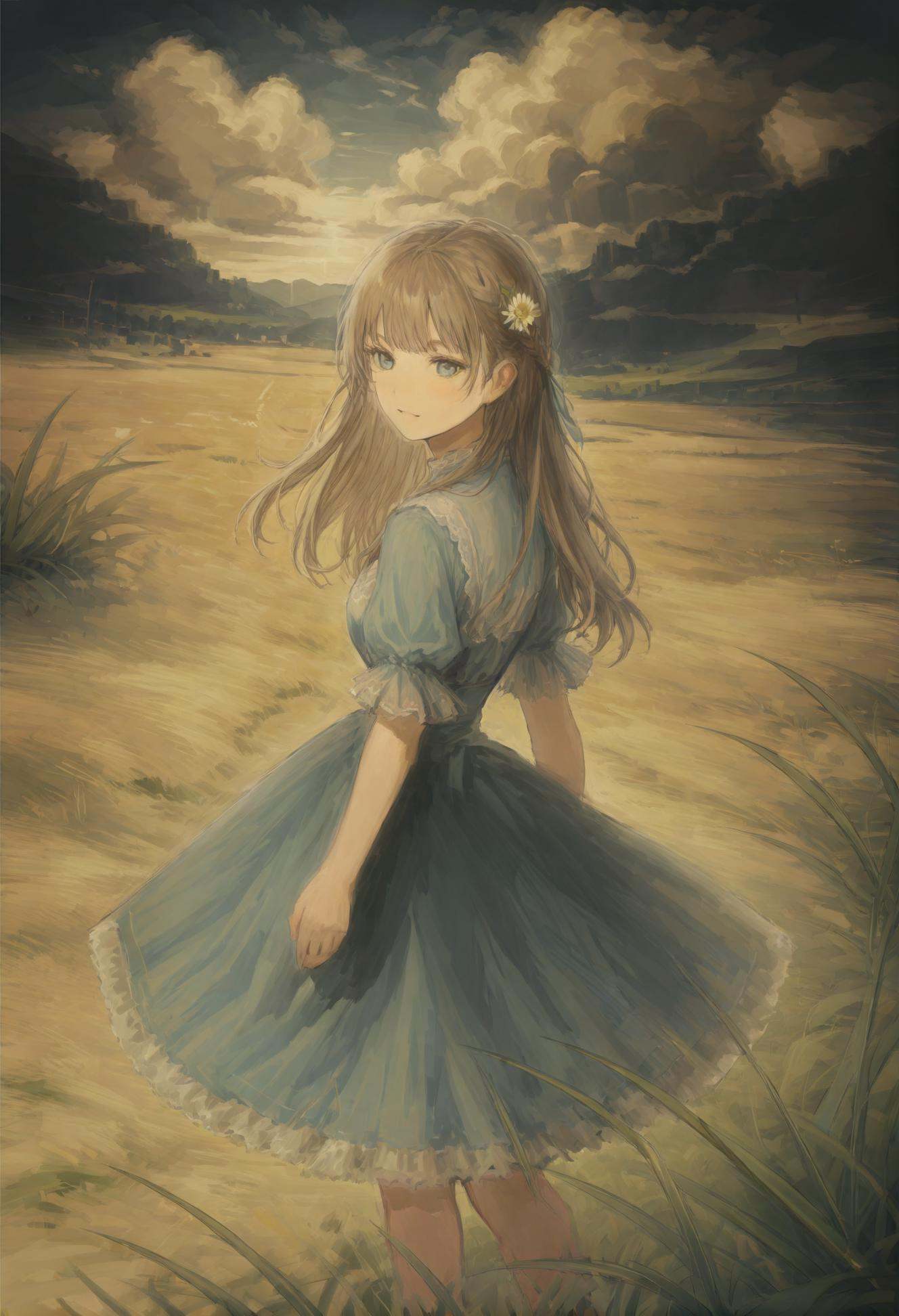 masterpiece, best quality,1girl, scenery, solo, sky, outdoors, cloud, field, dutch angle, grass, dress, fantasy, blue sky, standing, flower, cloudy sky, day <lora:iwzryXLlokr4f-000140:0.95>