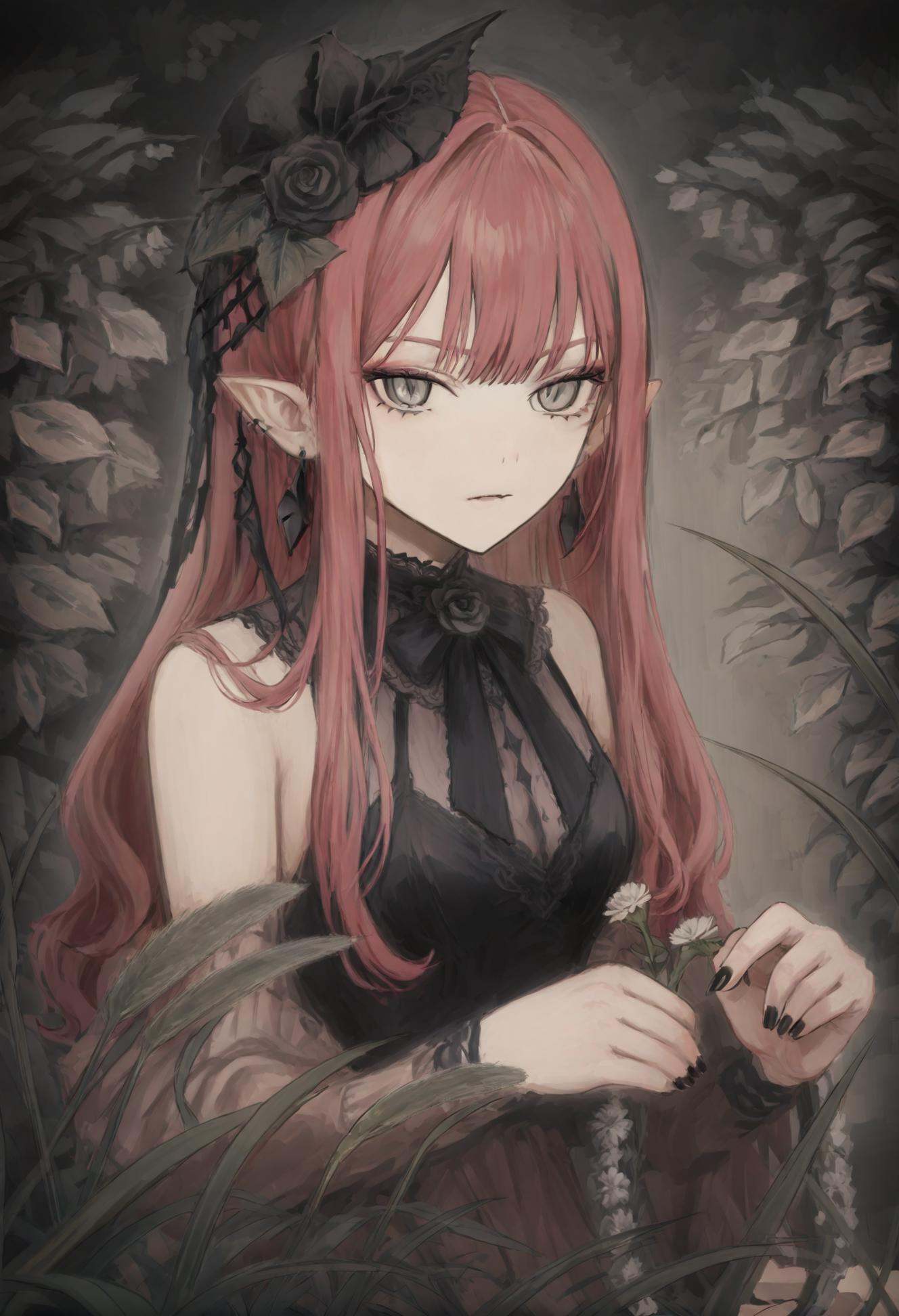 masterpiece, best quality,1girl, baobhan sith \(fate\), solo, long hair, pointy ears, hair ornament, grey eyes, looking at viewer, flower, hair flower, black flower, jewelry, earrings, pink hair, black rose, nail polish, breasts, upper body, rose  <lora:iwzryXLlokr4f-000140:0.95>