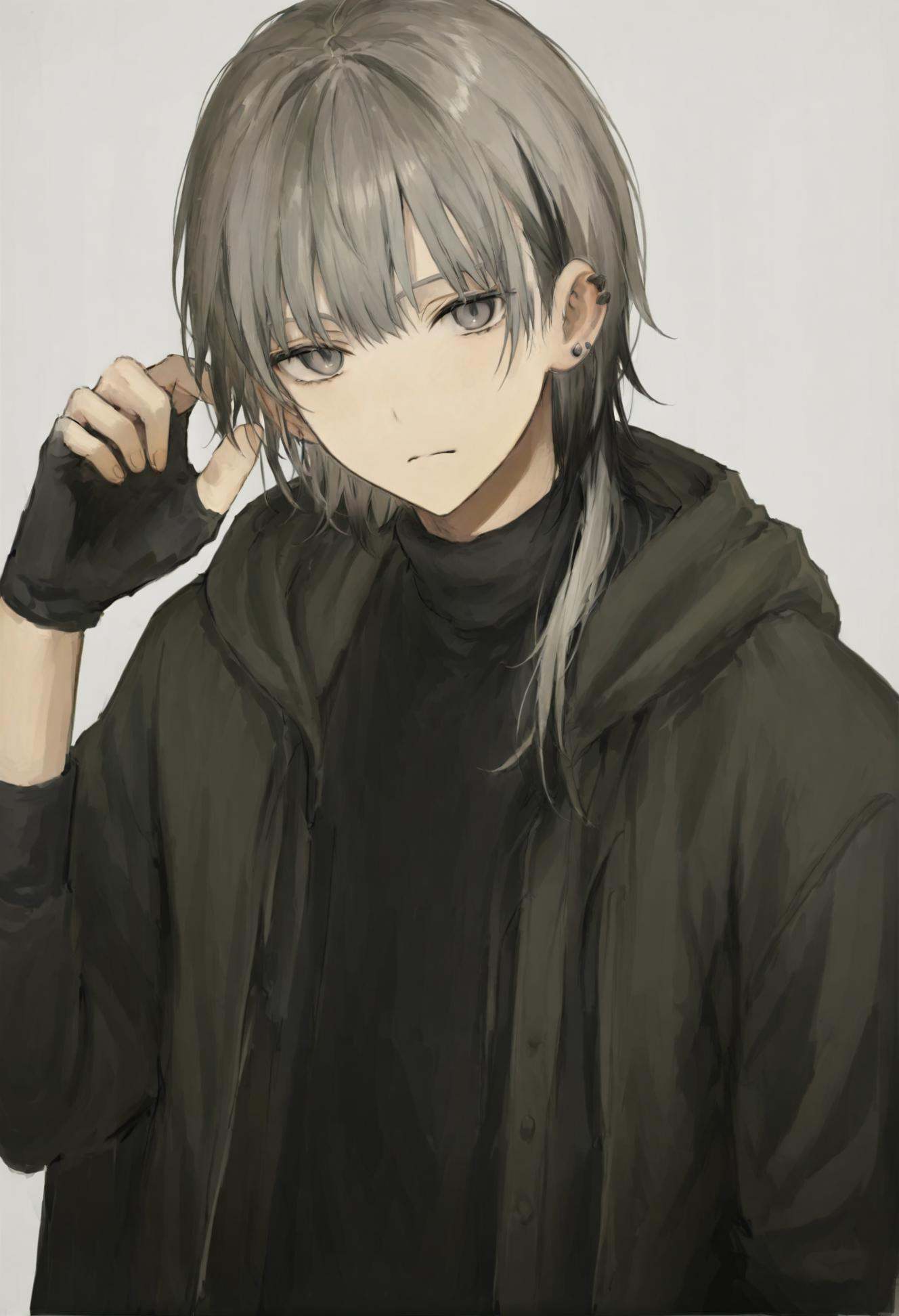 masterpiece, best quality,solo, gloves, 1boy, male focus, grey hair, hood, black gloves, grey eyes, jacket, closed mouth, looking at viewer, black jacket, simple background, fingerless gloves, long sleeves, open clothes, upper body, hair between eyes, open jacket, hood down, hand up, turtleneck, white background, grey background, ear piercing, short hair, multicolored hair, earrings, hooded jacket, eyes visible through hair  <lora:iwzryXLlokr4f-000140:0.95>