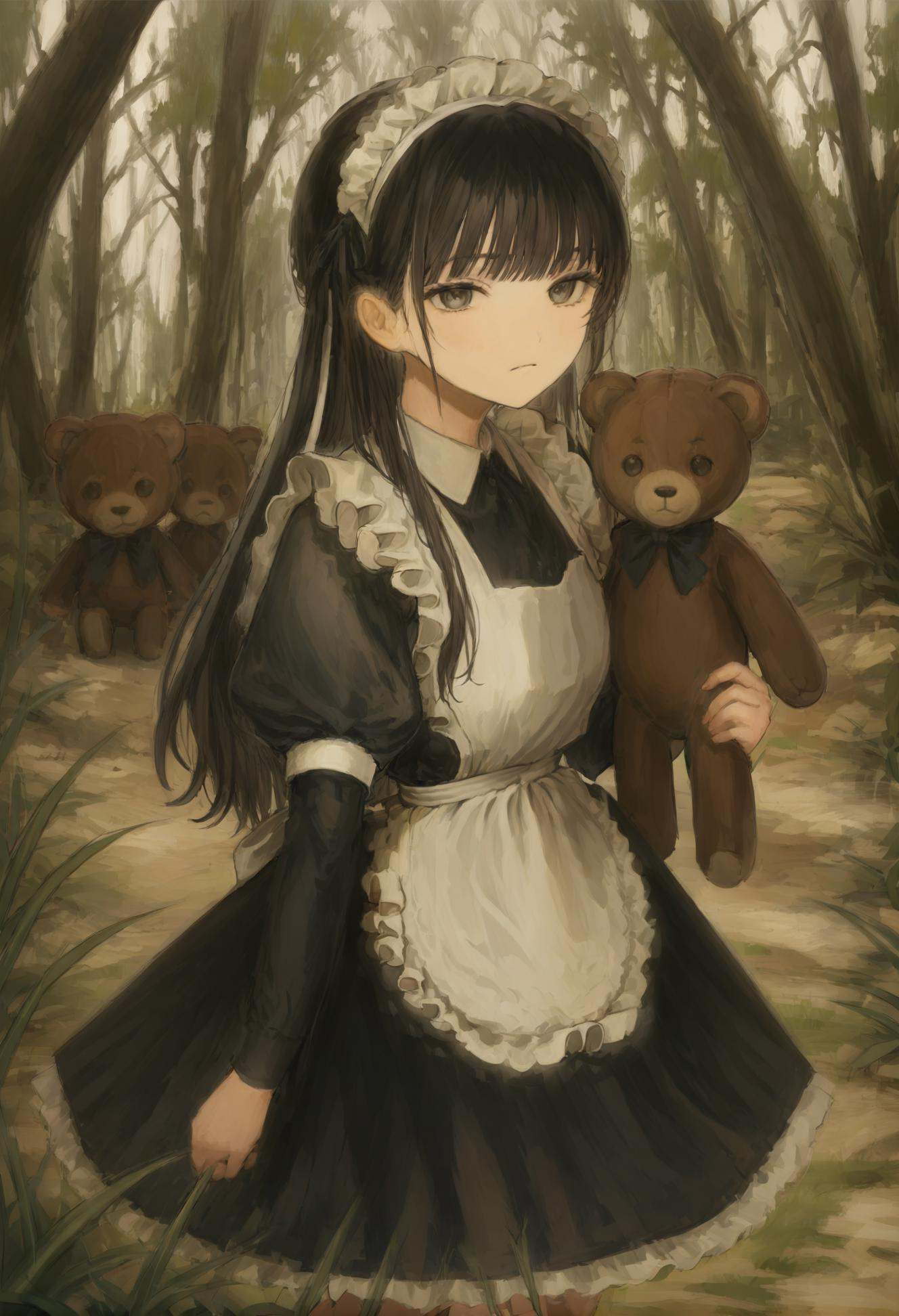 masterpiece, best quality,1girl, long hair, nature, forest, solo, dress, maid, black hair, black dress, outdoors, apron, maid headdress, long sleeves, tree, maid apron, white apron, grass, holding, looking at viewer, standing, stuffed toy, stuffed animal, frills, animal, closed mouth, very long hair, juliet sleeves, frilled apron  <lora:iwzryXLlokr4f-000140:0.95>