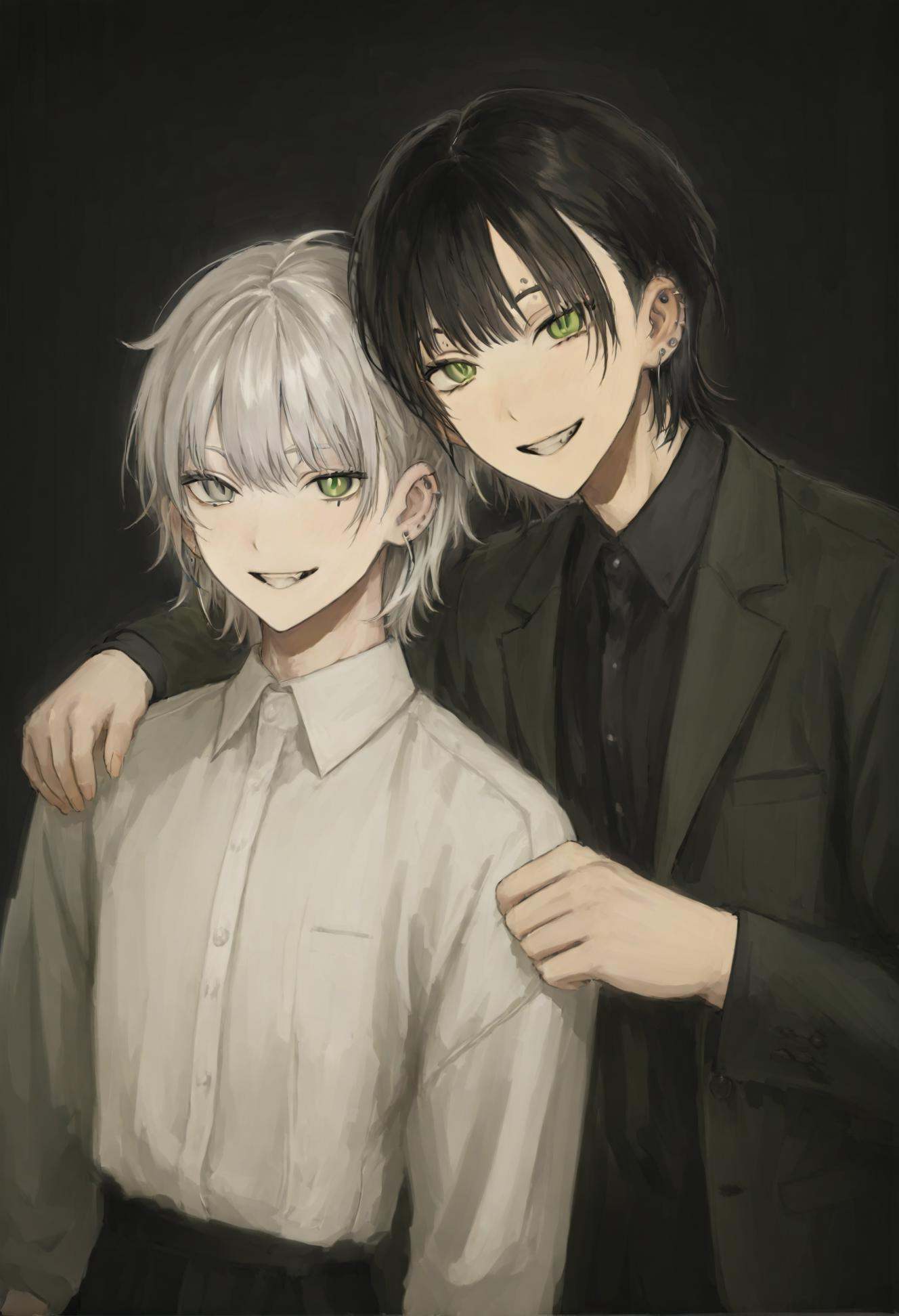 masterpiece, best quality,multiple boys, 2boys, piercing, black hair, male focus, ear piercing, jacket, white background, simple background, shirt, smile, short hair, green eyes, looking at viewer, collared shirt, black background, jewelry, upper body, hair between eyes, earrings, eyebrow piercing, teeth, blazer, white hair  <lora:iwzryXLlokr4f-000140:0.95>