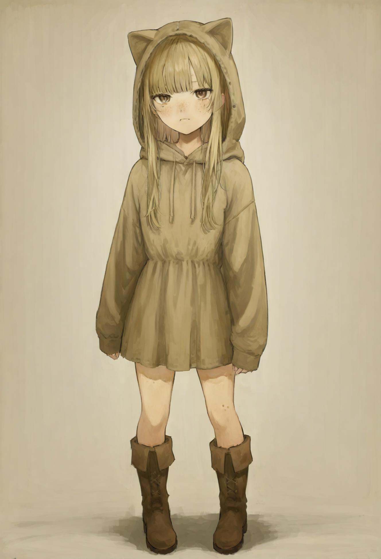 masterpiece, best quality,1girl, solo, boots, blonde hair, hood, full body, freckles, dress, simple background, blunt bangs, white background, animal hood, short hair, brown eyes, standing, cat hood, long sleeves, looking at viewer, hood up, :<, animal ears, closed mouth, blush  <lora:iwzryXLlokr4f-000140:0.95>