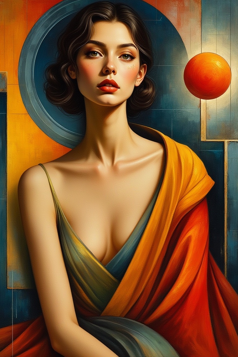 "Create a painting in the style of synthetism,  Émile Bernard,  and Paul Sérusier. Feature a beautiful woman on Tensor.Art