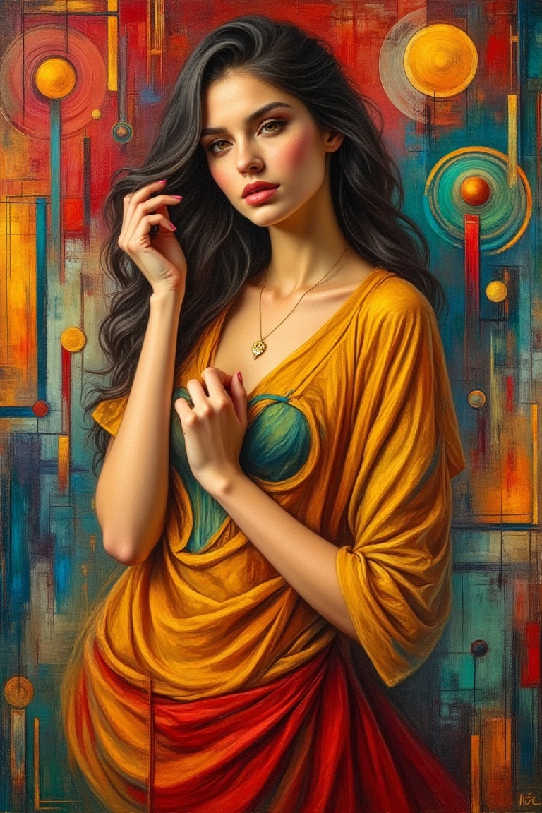 "Create a painting in the style of synthetism,  Émile Bernard,  and Paul Sérusier. Feature a beautiful woman on Tensor.Art