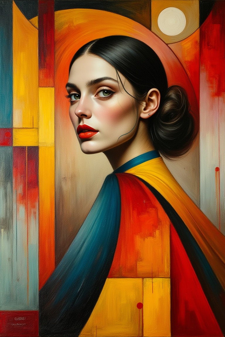 "Create a painting in the style of synthetism,  Émile Bernard,  and Paul Sérusier. Feature a beautiful woman on Tensor.Art