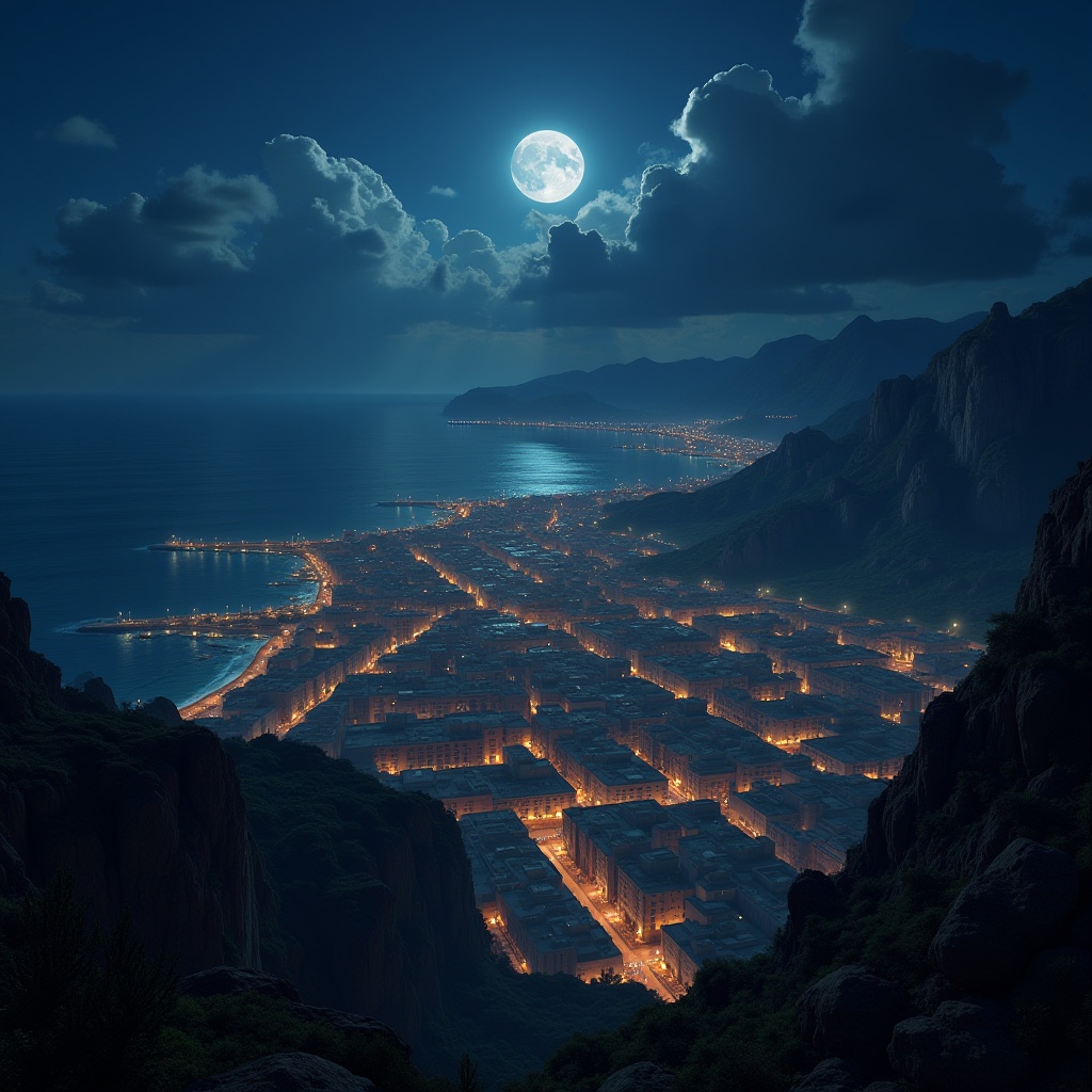 digital render of a city in the night,  night lights,  view from the sky on Tensor.Art