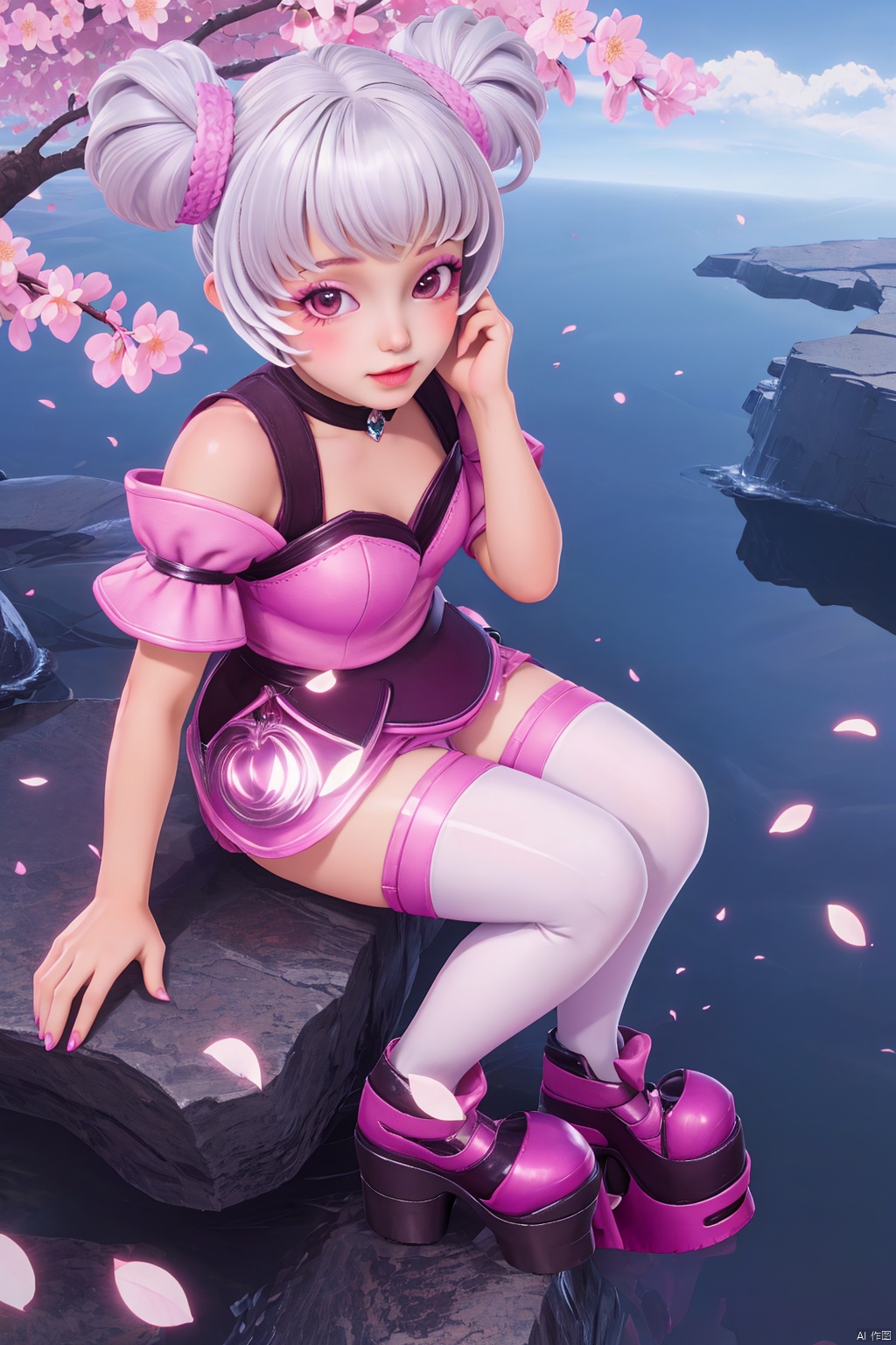 hand on own face,from above,topknot,sitting,full body, looking at viewer, waterfall, (cherry blossoms), (milfeulle sakuraba),petals, sky, cloud, day, blue sky, petals, water, stone, loudy sky, 1girl,solo,short hair,makeup,thighhighs,twintails,hair bun,Pink and white thigh socks,nail polish, makeup,(8k, RAW photo, best quality, masterpiece:1.2),(realistic, photorealistic:1.3),ultra-detailed,extremely detailed cg 8k wallpaper,(crystalstexture skin:1.2),extremely delicate and beautiful,platform footwear,platform footwear,(chibi:1.3)