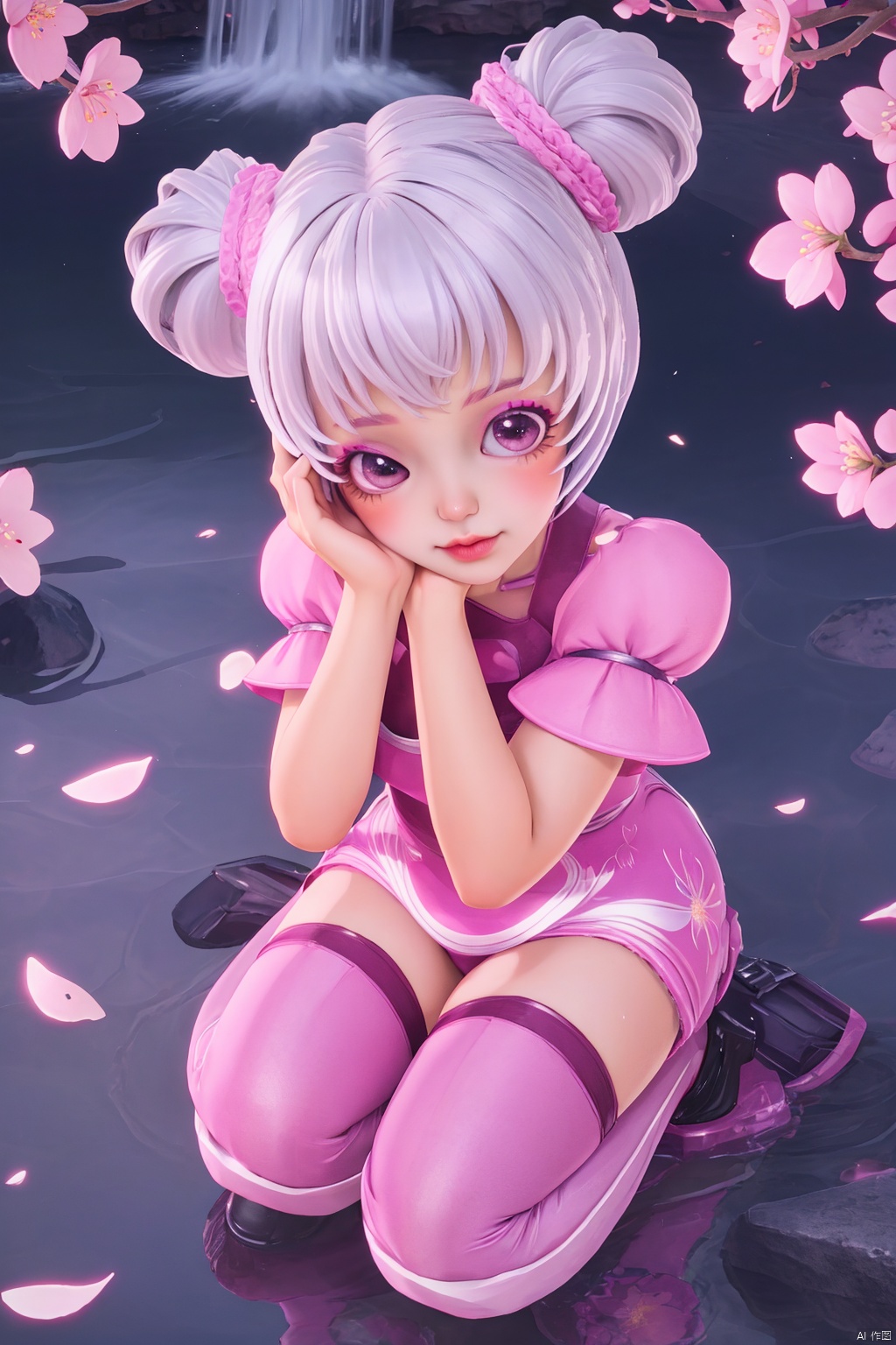 hand on own face,from above,topknot,sitting,full body, looking at viewer, waterfall, (cherry blossoms), (milfeulle sakuraba),petals, sky, cloud, day, blue sky, petals, water, stone, loudy sky, 1girl,solo,short hair,makeup,thighhighs,twintails,hair bun,Pink and white thigh socks,nail polish, makeup,(8k, RAW photo, best quality, masterpiece:1.2),(realistic, photorealistic:1.3),ultra-detailed,extremely detailed cg 8k wallpaper,(crystalstexture skin:1.2),extremely delicate and beautiful,platform footwear,platform footwear,(chibi:1.3)