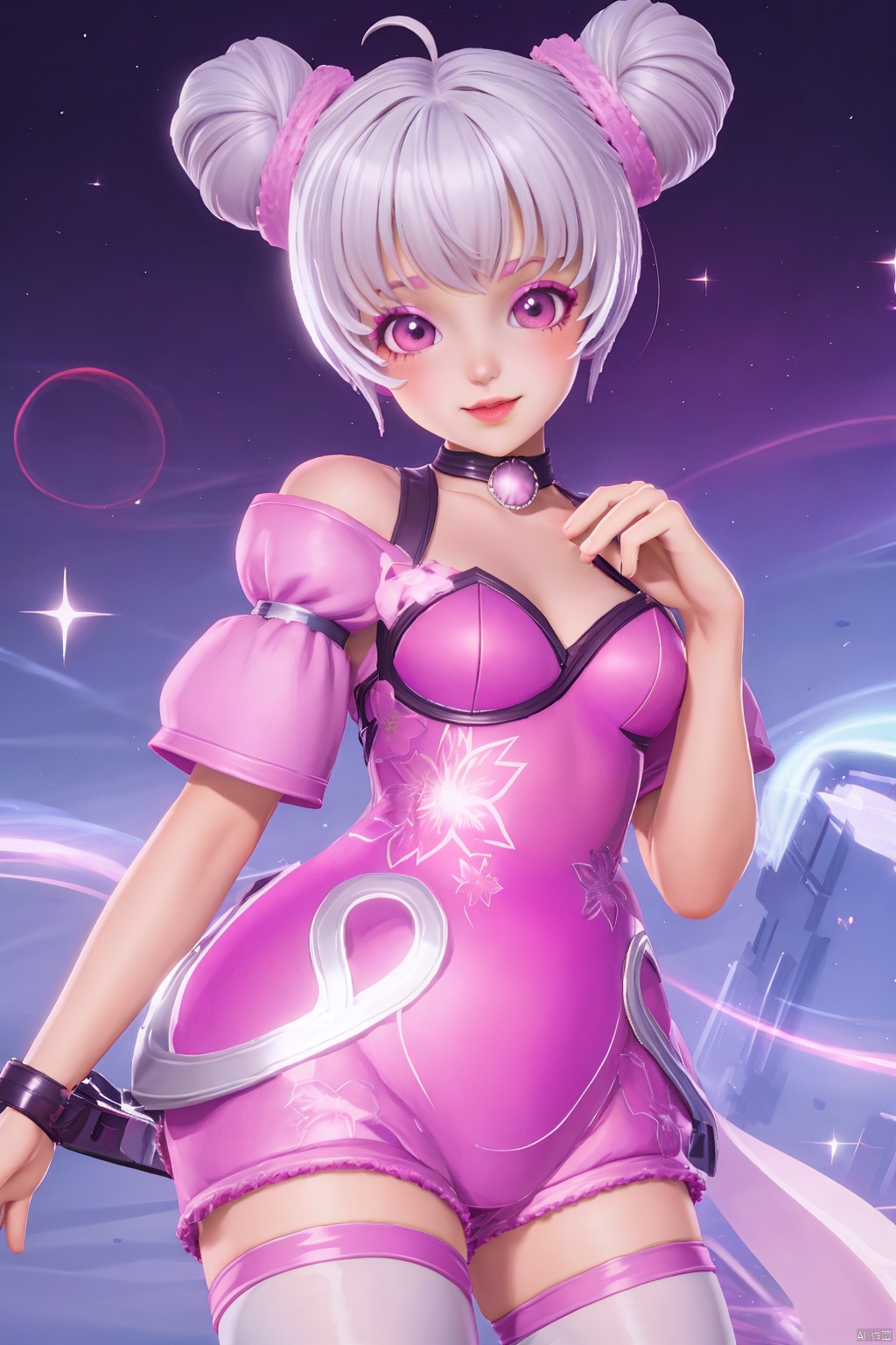 double bun,looking at viewer,  1girl,solo,short hair,makeup,thighhighs,Pink and white thigh socks,hair bun,(chibi)