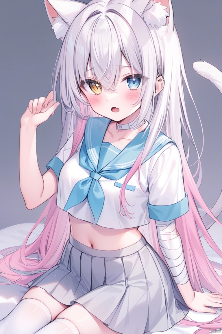 1girl, solo, long hair, breasts, looking at viewer, blush, open mouth, bangs, blue eyes, skirt, simple background, shirt, thighhighs, navel, animal ears, hair between eyes, sitting, very long hair, school uniform, collarbone, tail, yellow eyes, white shirt, pink hair, white hair, short sleeves, thighs, multicolored hair, pleated skirt, serafuku, choker, fang, midriff, cat ears, hand up, miniskirt, sailor collar, grey background, stomach, white thighhighs, crop top, cat tail, neckerchief, animal ear fluff, gradient hair, feet out of frame, heterochromia, bandages, cat girl, bandaid, extra ears, grey skirt, bandaged arm, crop top overhang, white choker