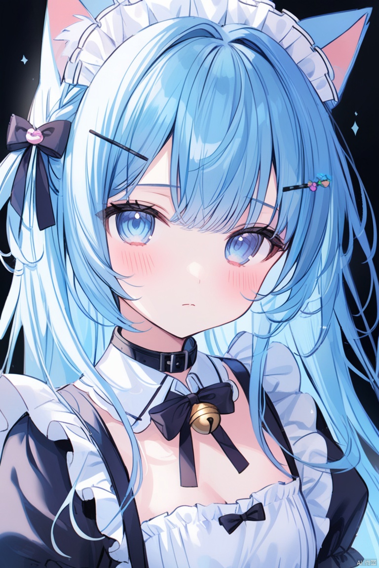 1girl, solo, long hair, looking at viewer, blush, bangs, blue eyes, simple background, hair ornament, white background, dress, bow, ribbon, animal ears, closed mouth, blue hair, upper body, frills, hairclip, cat ears, apron, black dress, collar, maid, maid headdress, sparkle, bell, detached collar, white apron, jingle bell, neck bell, maid apron, white collar