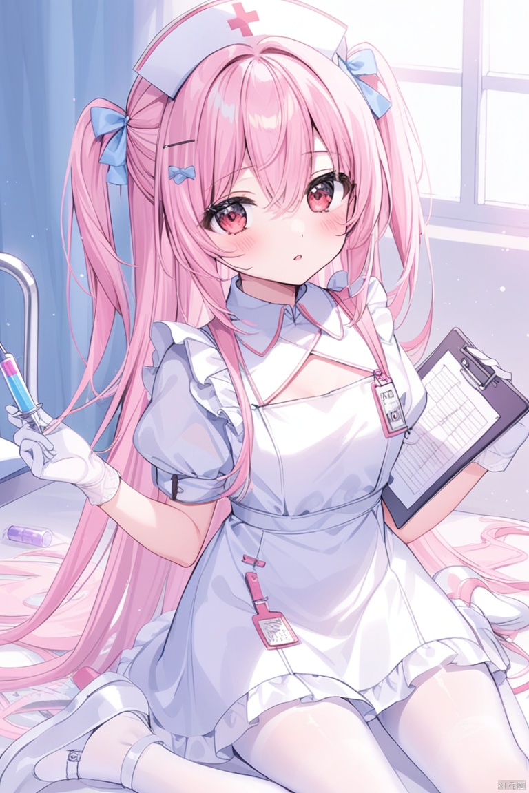 1girl, solo, long hair, looking at viewer, blush, bangs, hair ornament, red eyes, gloves, hat, dress, bow, ribbon, holding, hair between eyes, sitting, very long hair, pink hair, short sleeves, hair bow, pantyhose, frills, parted lips, shoes, hairclip, puffy sleeves, white gloves, pink eyes, white dress, two side up, puffy short sleeves, white headwear, wariza, white footwear, frilled dress, white pantyhose, nurse cap, nurse, syringe, clipboard, pill, holding syringe, holding clipboard, thermometer