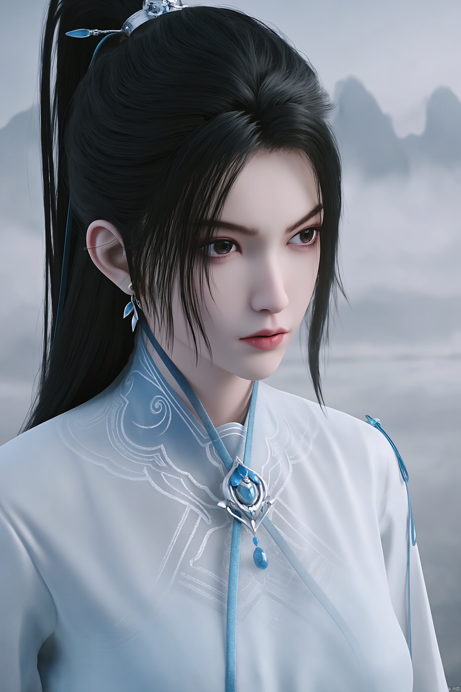 1girl, black hair, breasts,  lips, long hair, long sleeves, solo, white dress,hanfu,