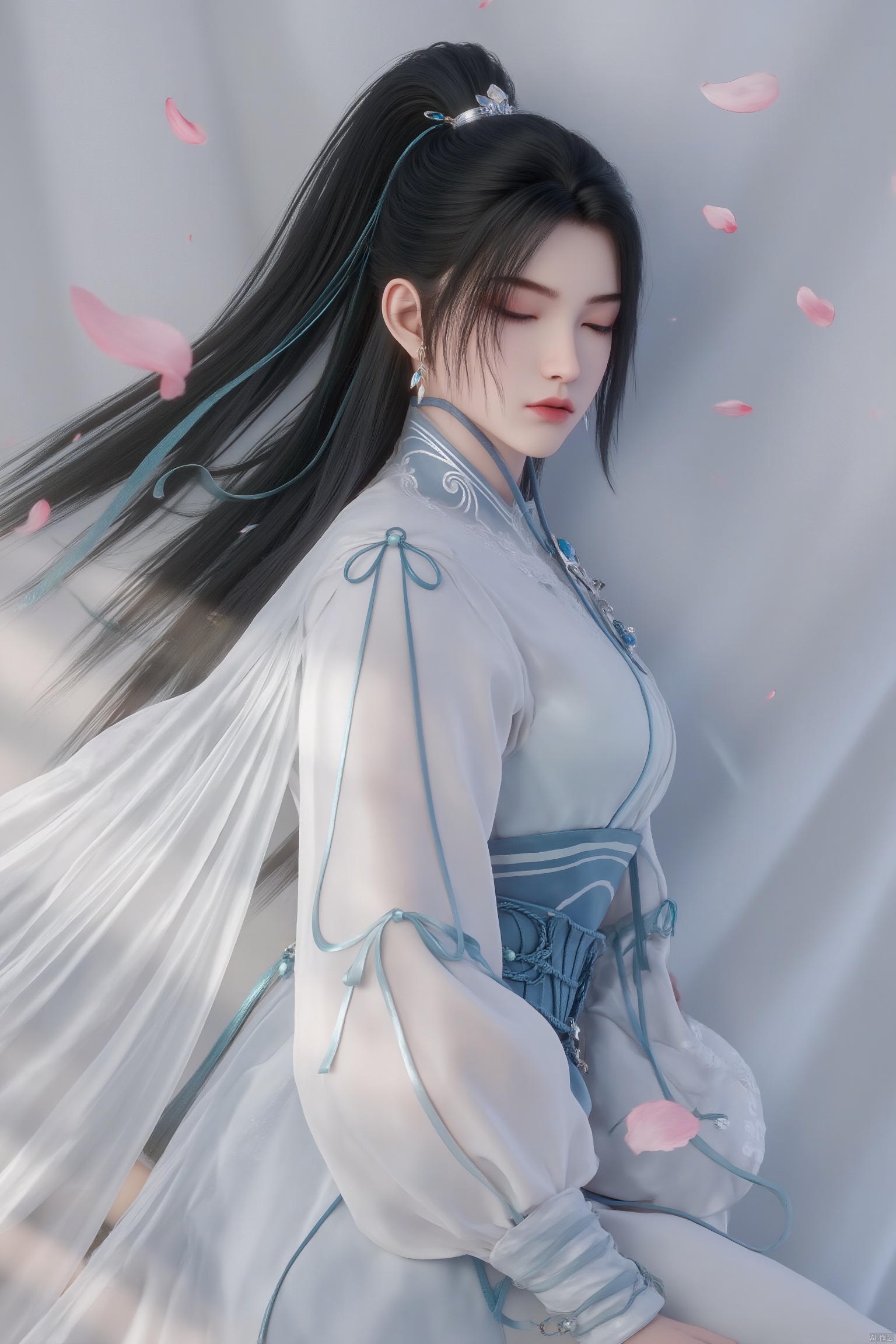 (masterpiece:1.2),best quality,
1girl, arm support, black hair, breasts, closed eyes, dress, earrings, jewelry, lips, long hair, long sleeves, lying, makeup, realistic, robe, sash, see-through, simple background, sitting, solo, white dress