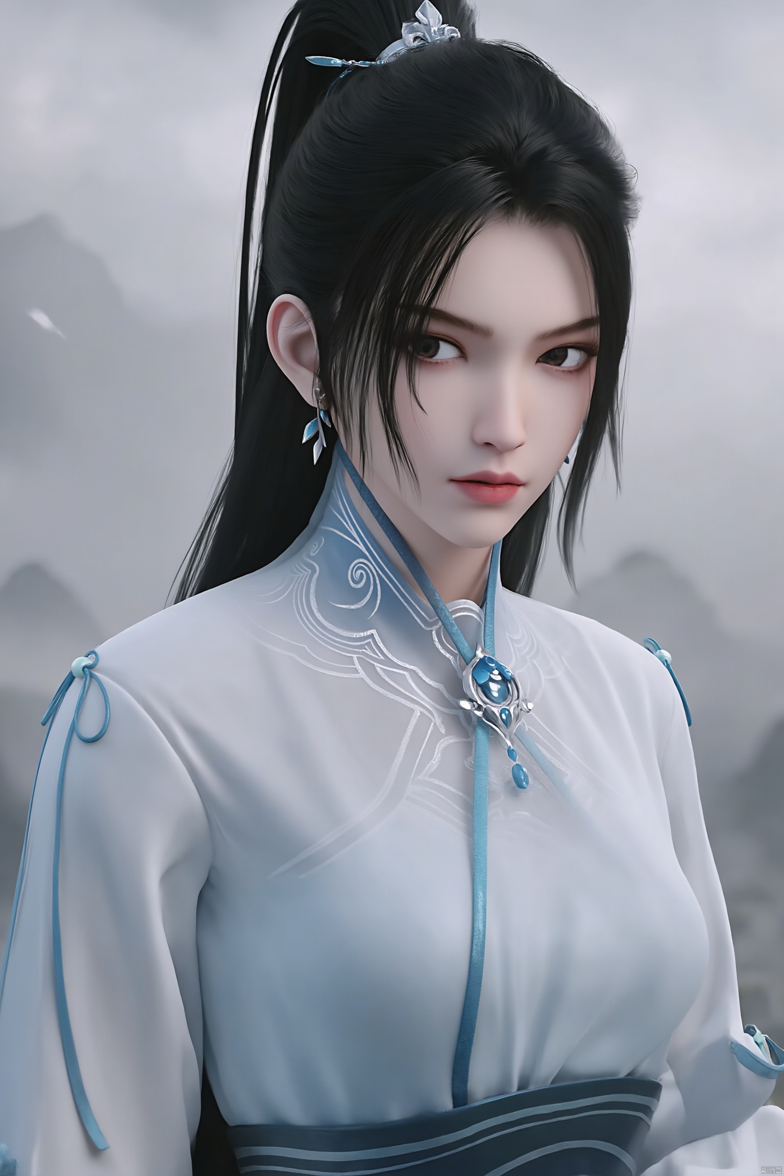 1girl, black hair, breasts,  lips, long hair, long sleeves, solo, white dress,hanfu,