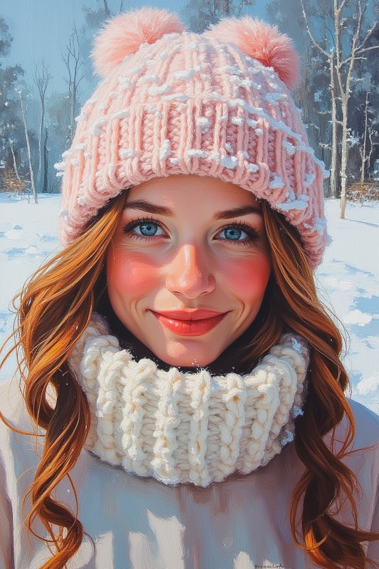 An acrylic gouache painting of a woman wearing a snow cap,  depicted in vibrant,  textured brushstrokes. The scene is set...