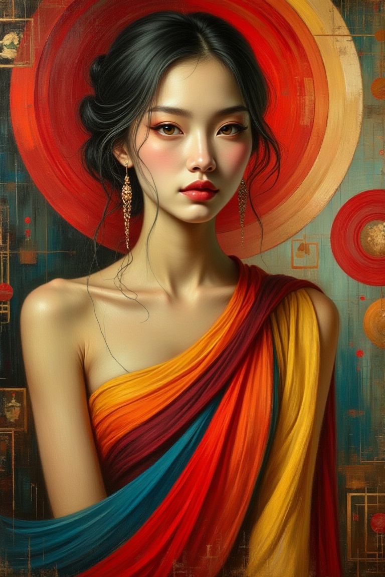 "Create a painting in the style of synthetism,  Émile Bernard,  and Paul Sérusier. Feature an elegant asian woman on Tenso...