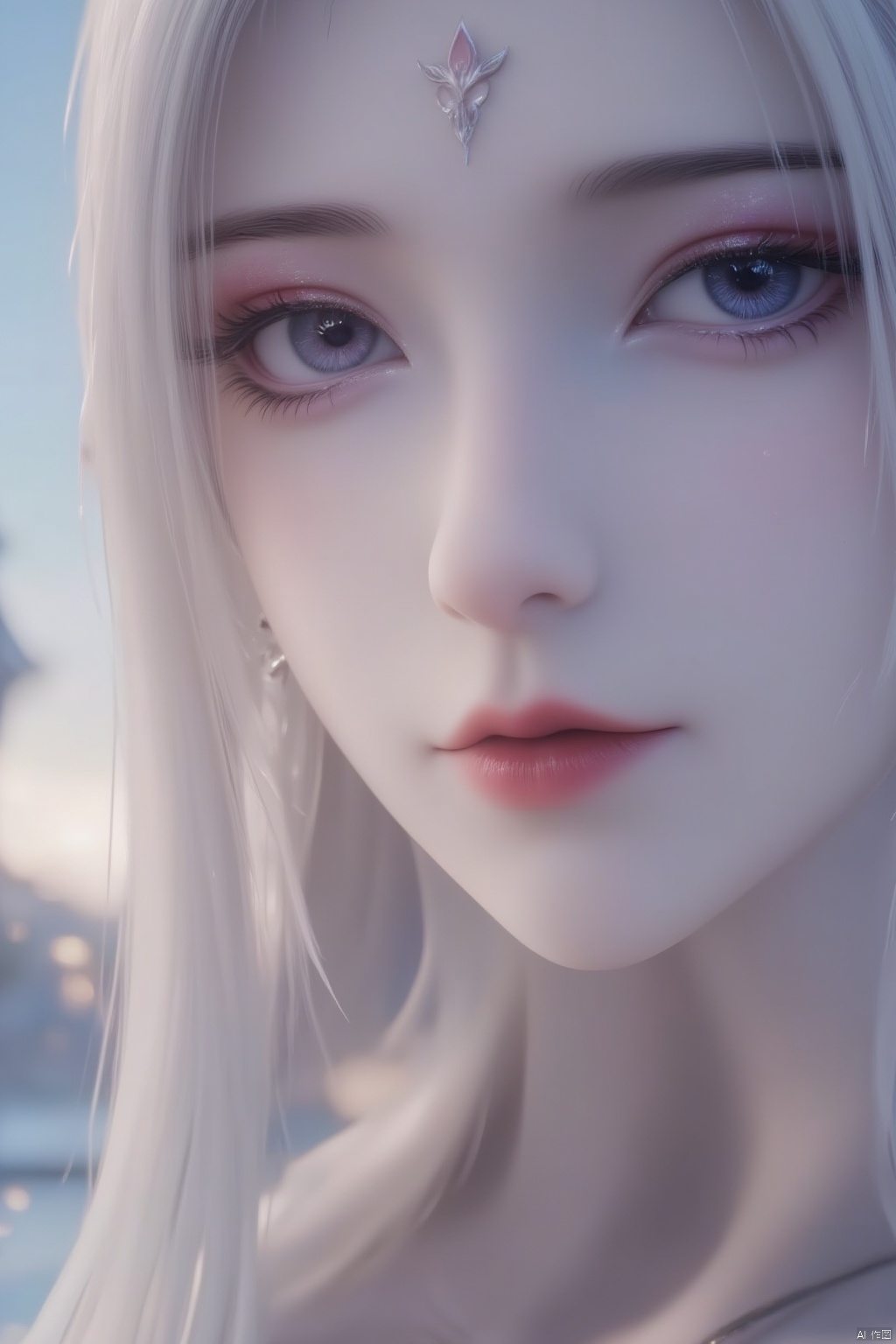 A close-up  a woman's mouth,white hair,blue eyes