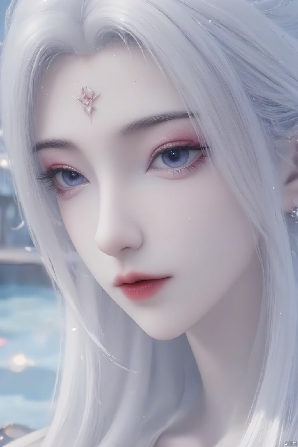 A close-up  a woman's mouth,white hair,blue eyes