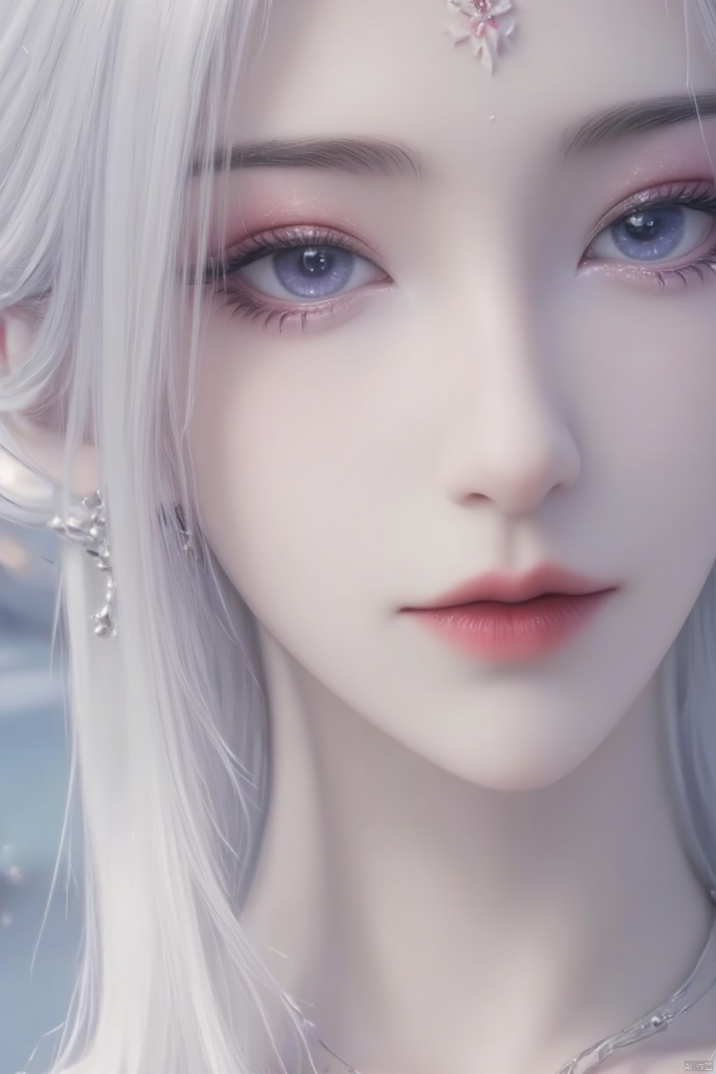 A close-up  a woman's mouth,white hair,blue eyes