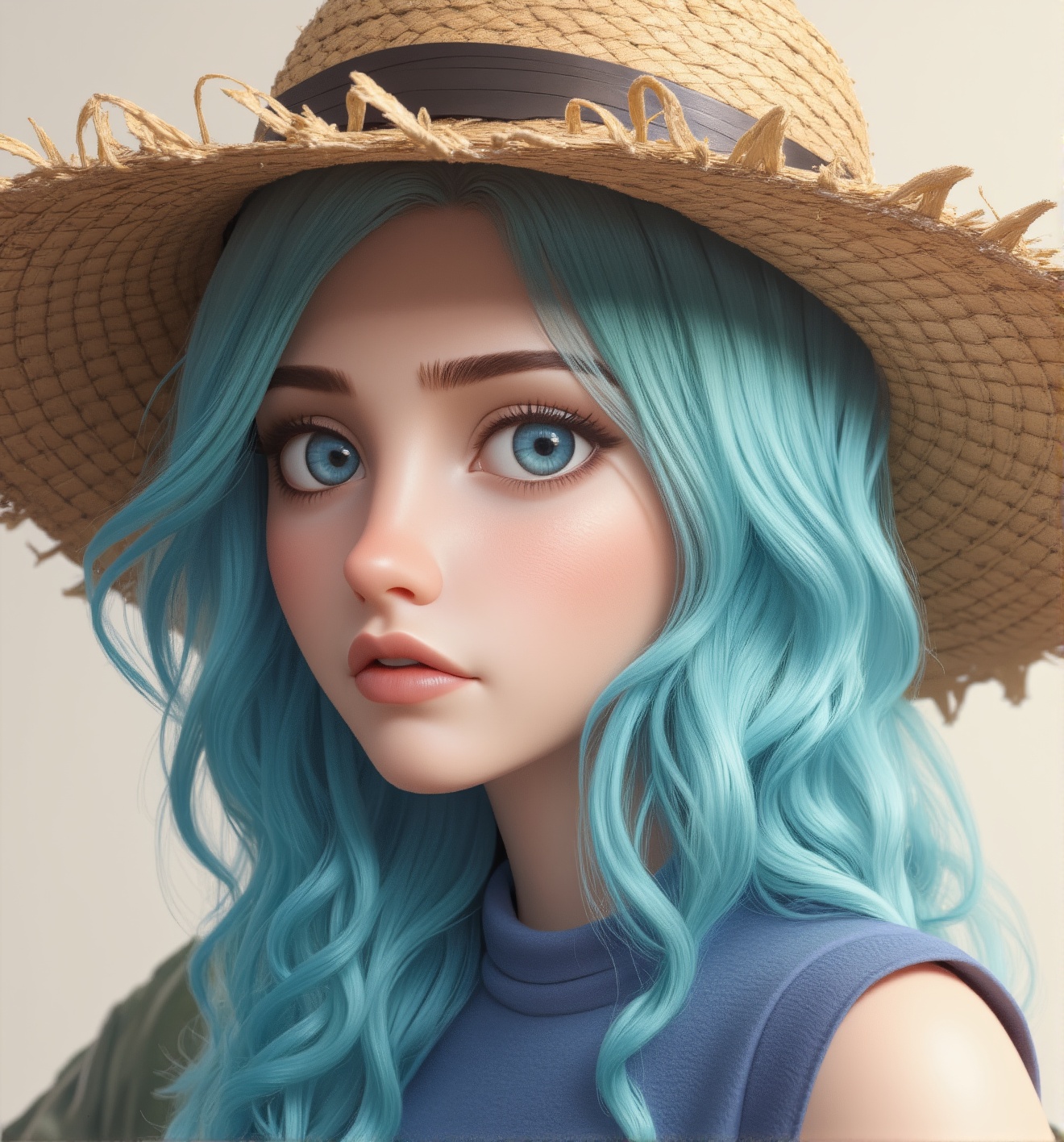 anime girl with blue hair wearing a straw hat and a blue dress,  artwork in the style of guweiz,  beautiful anime portrait...