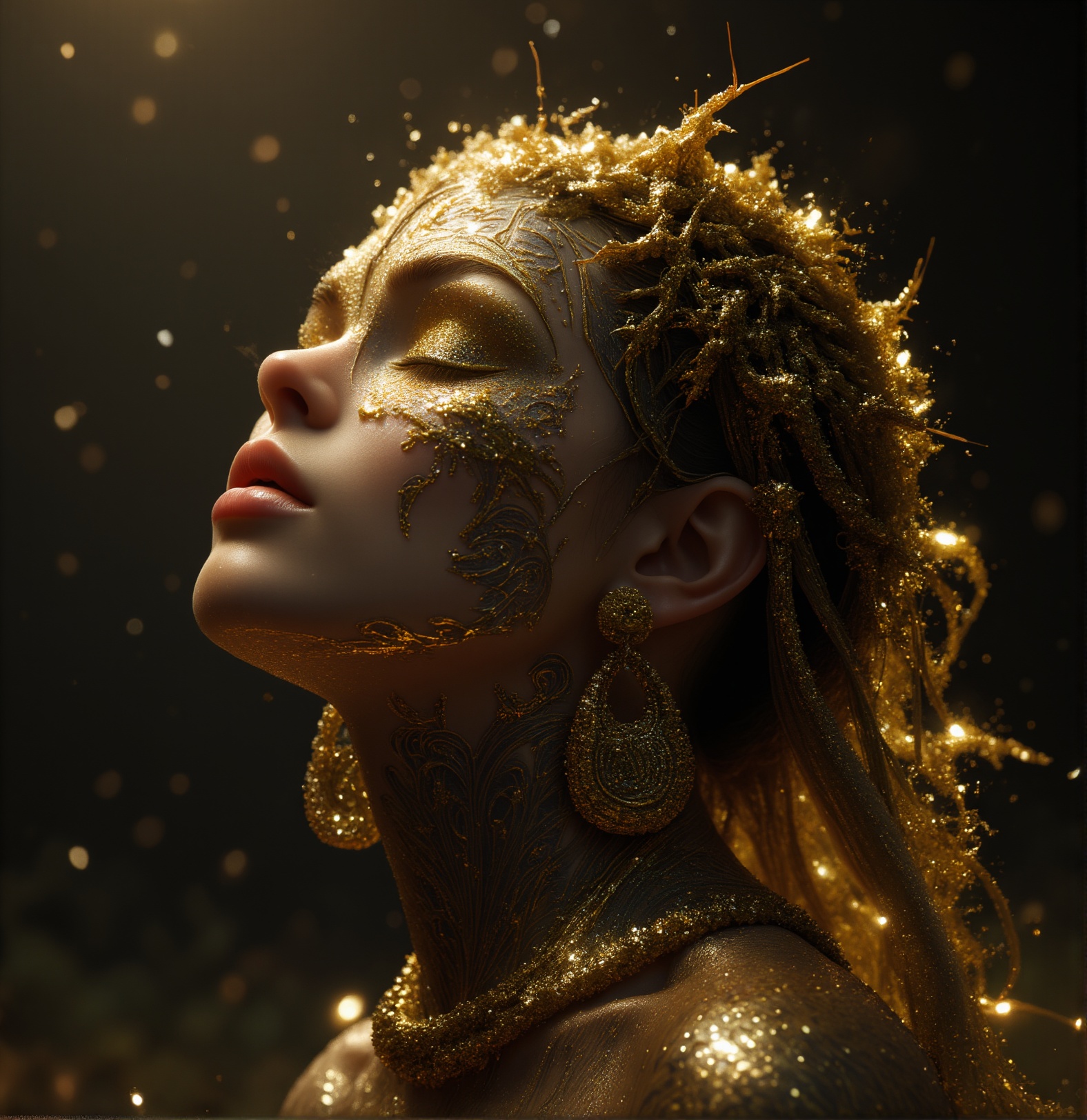 gold tattoos with a girl in rain with golden earrings,  in the style of vray tracing,  martin ansin on Tensor.Art