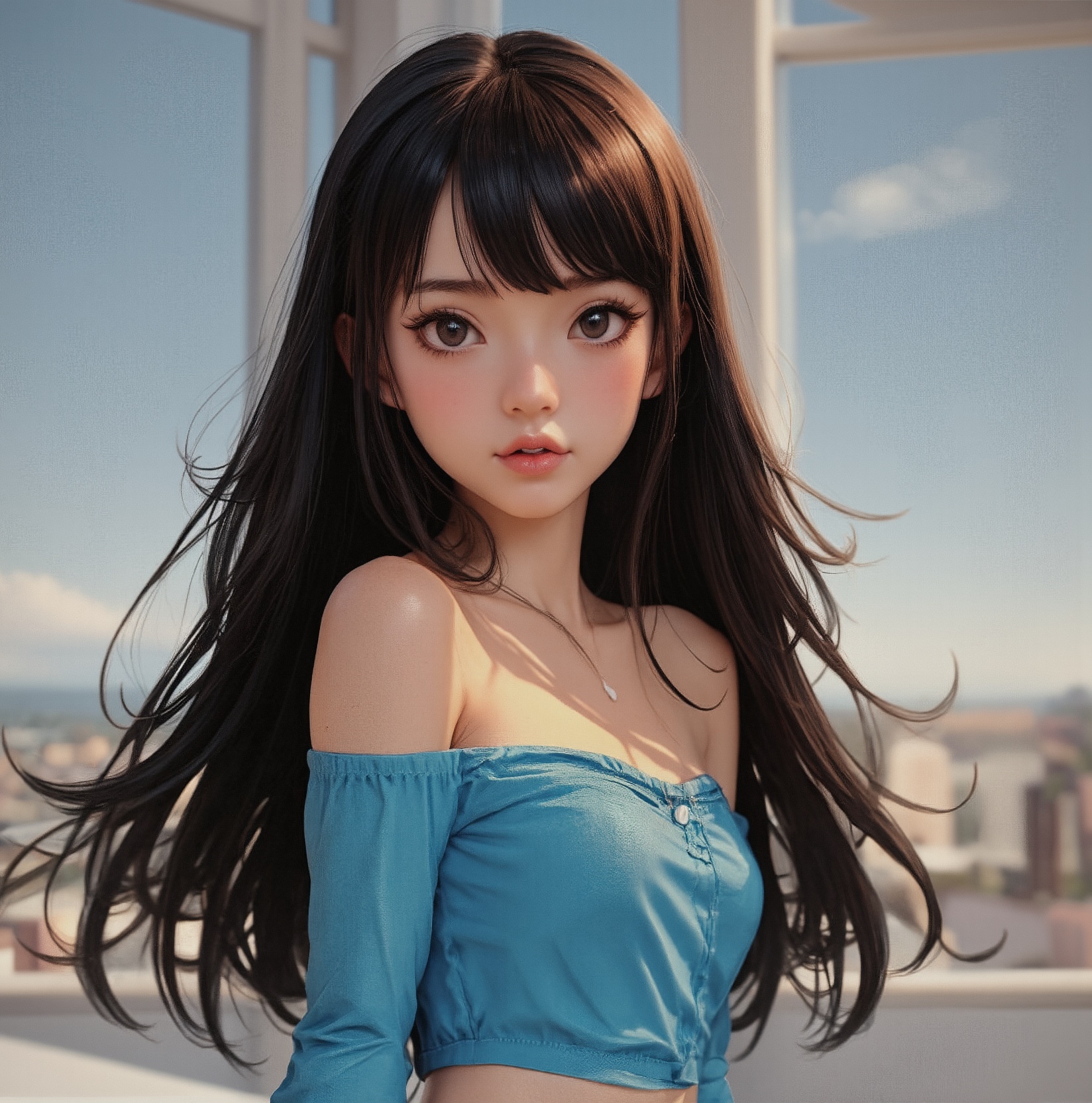 anime girl with long hair and a blue shirt posing for a picture,  realistic anime 3 d style,  3 d anime realistic on Tenso...