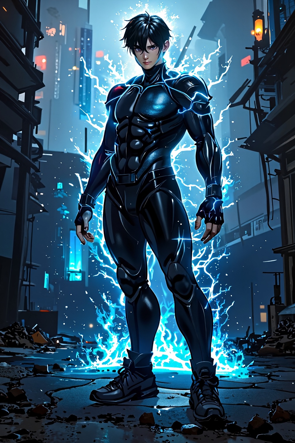 (1 young man in soul body with blue and black lightning particles emitting around it),  3D rendering,  movie special effec...