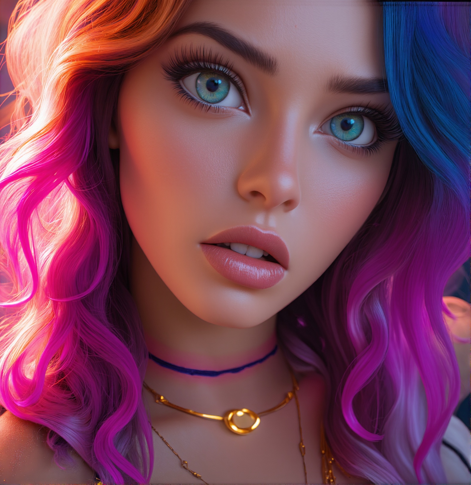 Close-up of a woman with colorful hair and necklace,  anime girl with cosmic hair,  Rossdraws' soft vitality on Tensor.Art