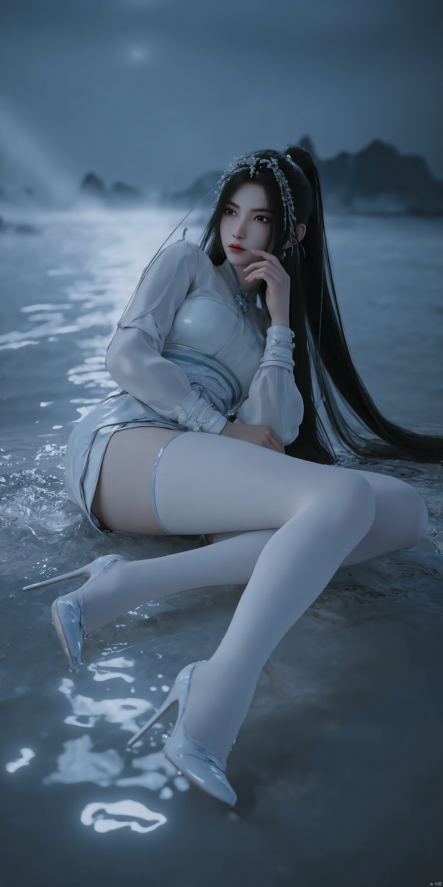 A serene 8K photo of a lonely girl (GG) lying on beach.A delicate hair ornament adorns her hair, an elegant white apron embraces her slim figure, waist, 
makeup, eye shadow, red lips.
1girl, solo, long hair, hair ornament,  high heels, legs, bare legs, Depth of Field, 
White pantyhose, crystal shoes,french manicure,nail polish,make up, perspective, delicate face, pink eye shadow,spread legs,lying on the water,water mist, light, and the Tyndall effect,night,moonlight,reflection,floodlightSanya, beach, sea,ny-hd