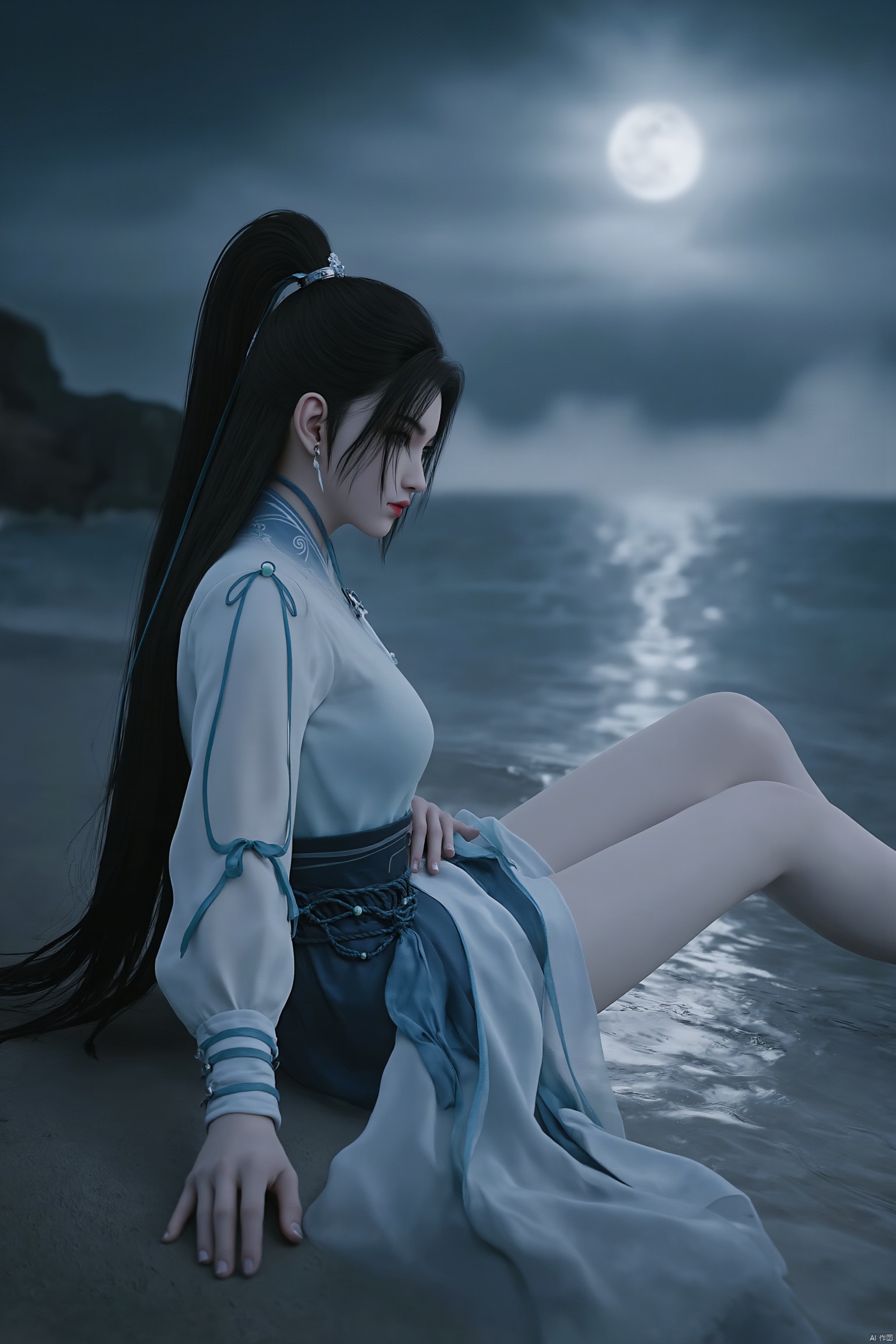 A serene 8K photo of a lonely girl .A delicate hair ornament adorns her hair, waist, makeup, eye shadow, red lips.a medium-sized Asian woman with long dark hair,wearing a white long-sleeved shirt and a black and white striped skirt, is adorned with a blue ribbon in her right hand. upper body,
Her hair is pulled back in a ponytail,hair ornament,footwear, legs, bare legs, Depth of Field.White pantyhose, french manicure,nail polish,make up, perspective, delicate face, pink eye shadow,spread legs,lying on the water,water mist, light, and the Tyndall effect,night,moonlight,reflection,floodlightSanya, beach, sea,ny-hd
