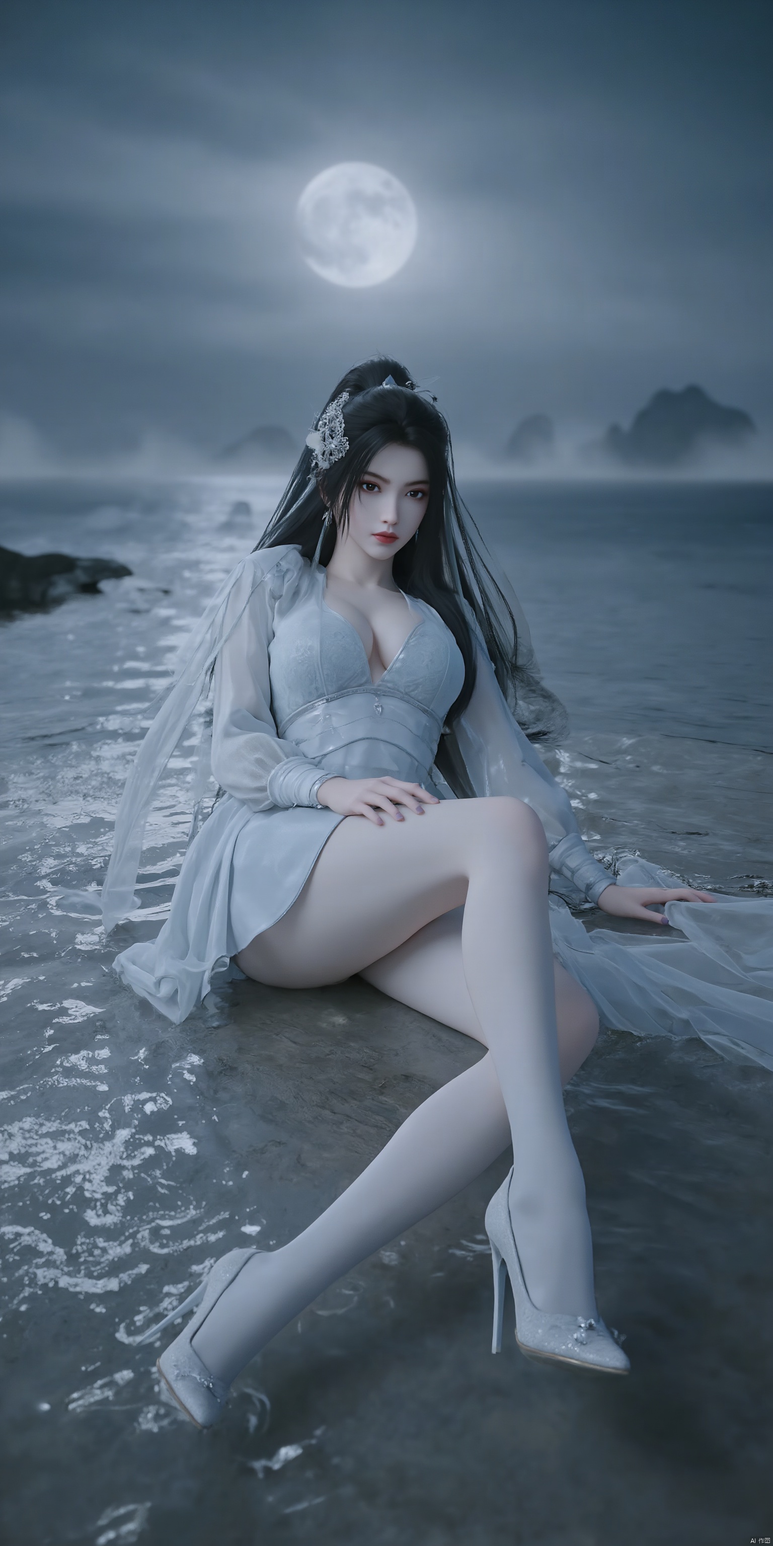 A serene 8K photo of a lonely girl (GG) lying on beach.A delicate hair ornament adorns her hair, an elegant white apron embraces her slim figure, waist, 
makeup, eye shadow, red lips.
1girl, solo, long hair, hair ornament,  high heels, legs, bare legs, Depth of Field, 
White pantyhose, crystal shoes,french manicure,nail polish,make up, perspective, delicate face, pink eye shadow,spread legs,lying on the water,water mist, light, and the Tyndall effect,night,moonlight,reflection,floodlightSanya, beach, sea,ny-hd