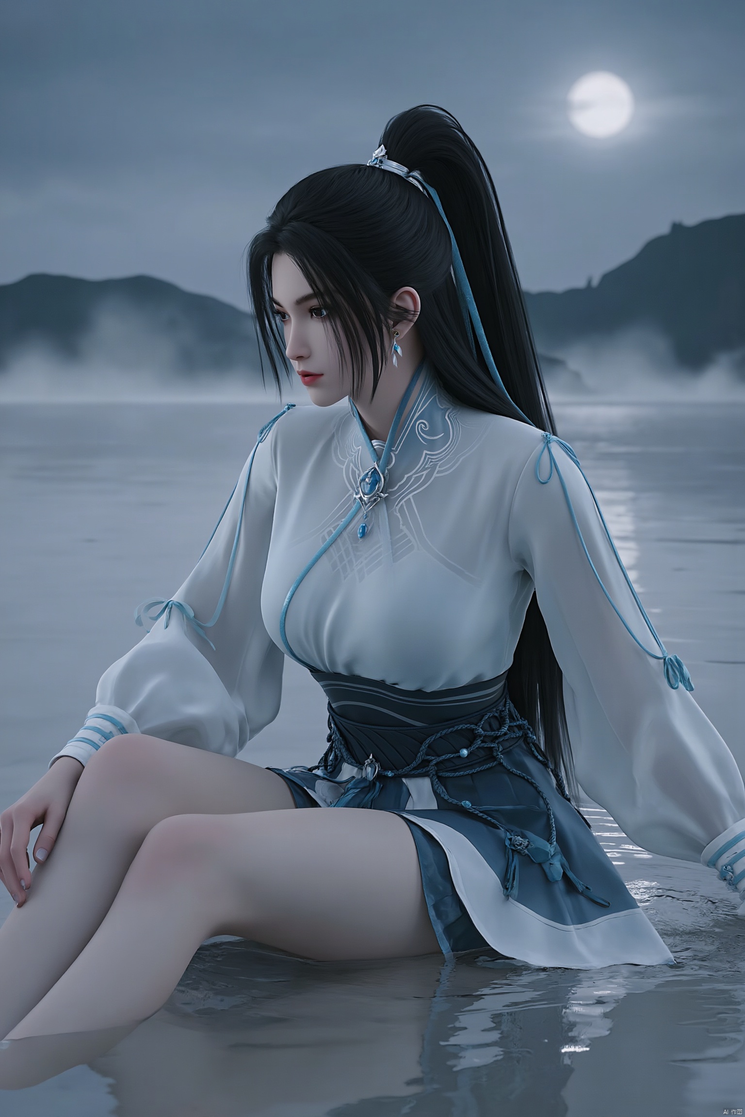  waist, makeup, eye shadow, red lips.a medium-sized Asian woman with long dark hair,wearing a white long-sleeved shirt and a black and white striped skirt, is adorned with a blue ribbon in her right hand. upper body,
Her hair is pulled back in a ponytail,hair ornament,footwear, legs, bare legs, Depth of Field.White pantyhose, french manicure,nail polish,make up, perspective, delicate face, pink eye shadow,spread legs,lying on the water,water mist, light, and the Tyndall effect,night,moonlight,reflection,floodlightSanya, beach, sea,ny-hd
