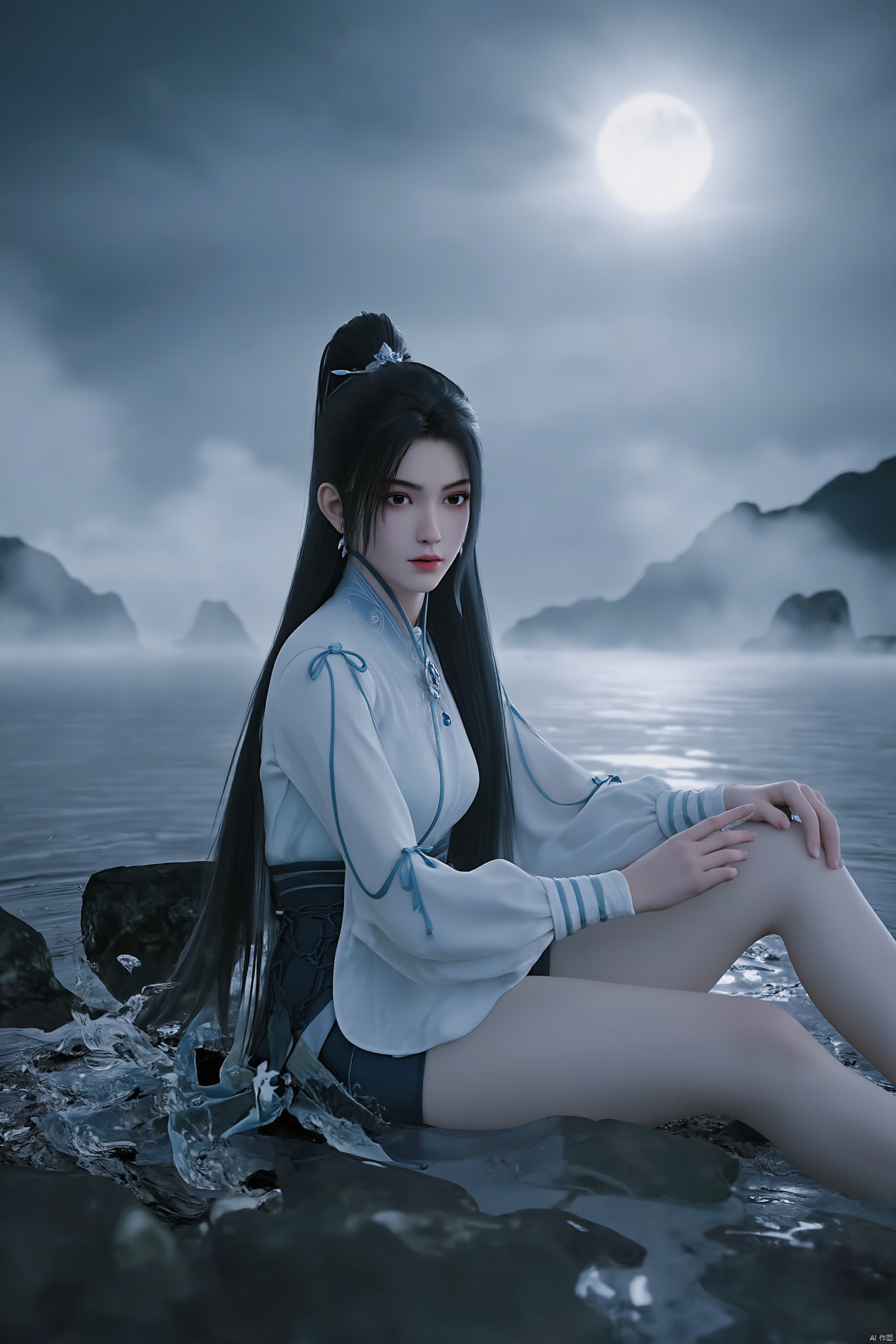 A serene 8K photo of a lonely girl sitting.A delicate hair ornament adorns her hair, waist, makeup, eye shadow, red lips.a medium-sized Asian woman with long dark hair,wearing a white long-sleeved shirt and a black and white striped skirt, is adorned with a blue ribbon in her right hand. upper body,
Her hair is pulled back in a ponytail,hair ornament,footwear, legs, bare legs, Depth of Field.White pantyhose, french manicure,nail polish,make up, perspective, delicate face, pink eye shadow,spread legs,lying on the water,water mist, light, and the Tyndall effect,night,moonlight,reflection,floodlightSanya, beach, sea,ny-hd