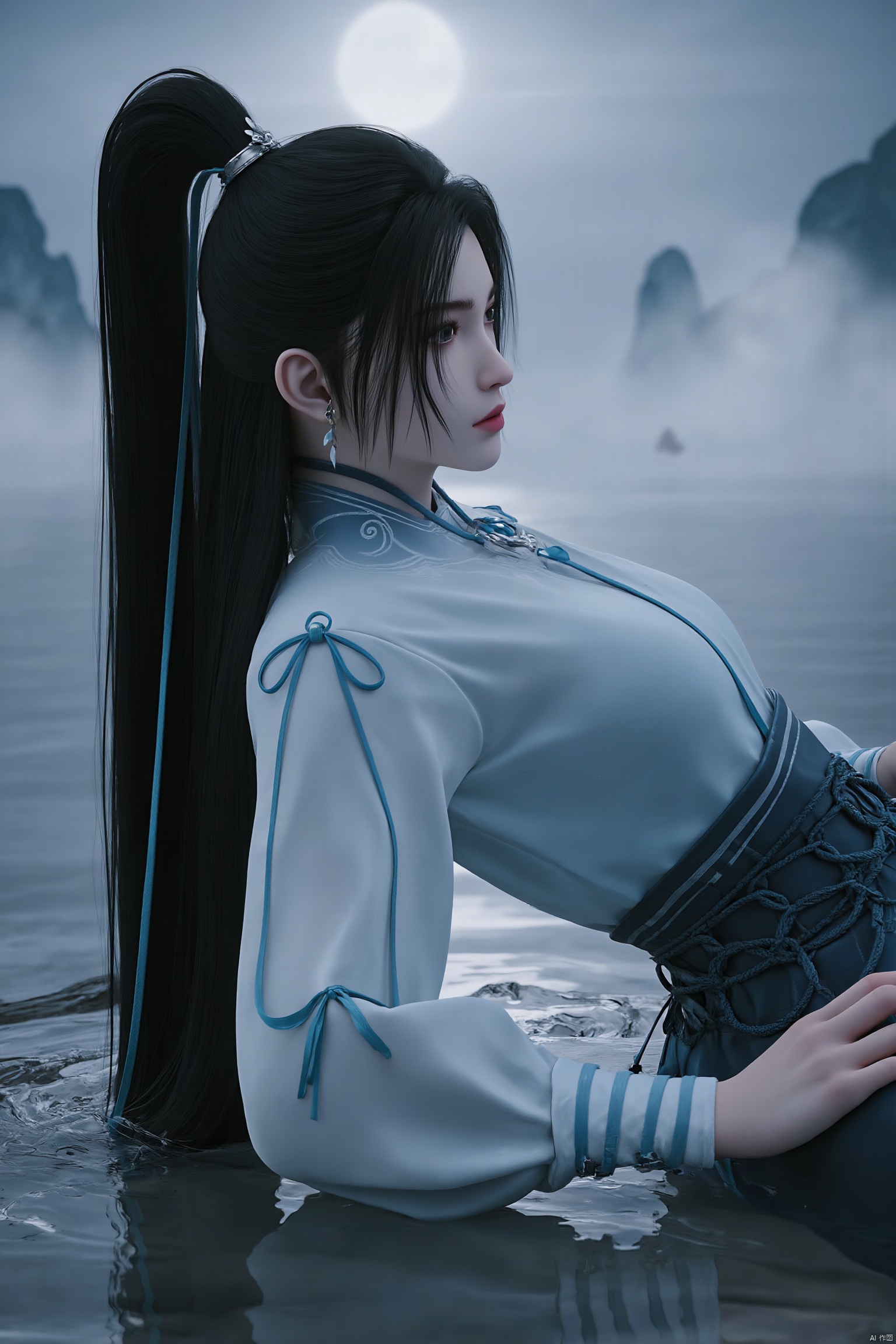 A serene 8K photo of a lonely girl .A delicate hair ornament adorns her hair, waist, makeup, eye shadow, red lips.a medium-sized Asian woman with long dark hair,wearing a white long-sleeved shirt and a black and white striped skirt, is adorned with a blue ribbon in her right hand. 
Her hair is pulled back in a ponytail,hair ornament,footwear, legs, bare legs, Depth of Field.White pantyhose, french manicure,nail polish,make up, perspective, delicate face, pink eye shadow,spread legs,lying on the water,water mist, light, and the Tyndall effect,night,moonlight,reflection,floodlightSanya, beach, sea,ny-hd