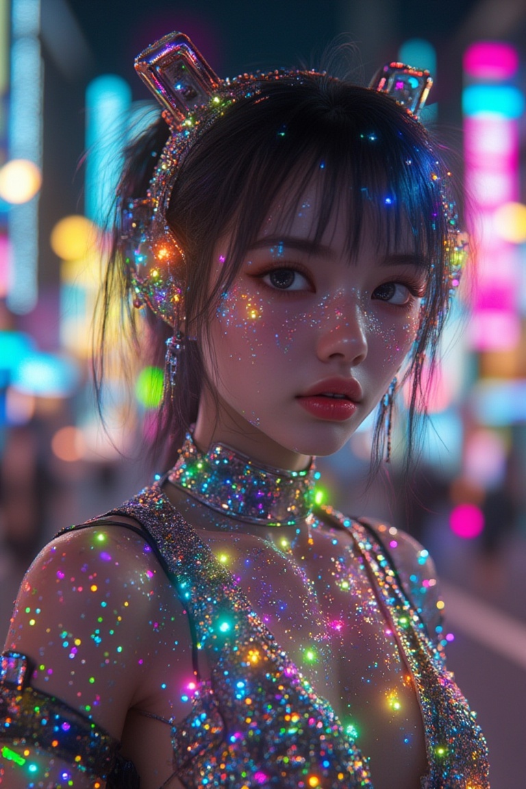 3D CG rendering of a close-up shot of a Japanese Harajuku girl,  cybernetic futuristic elements,  glitter effects on her f...