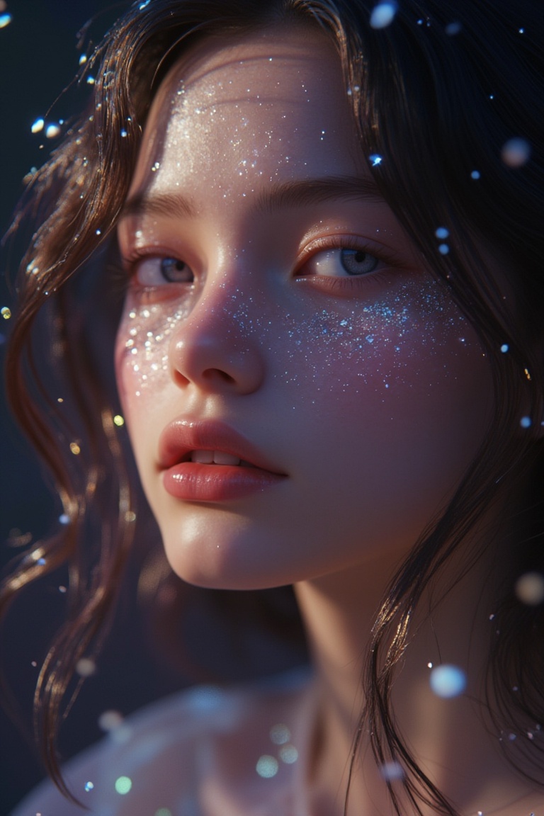 3D CG rendering of a close-up shot of a beautiful girl with wavy hair,  sparkling glitter effects on her face,  soft light...
