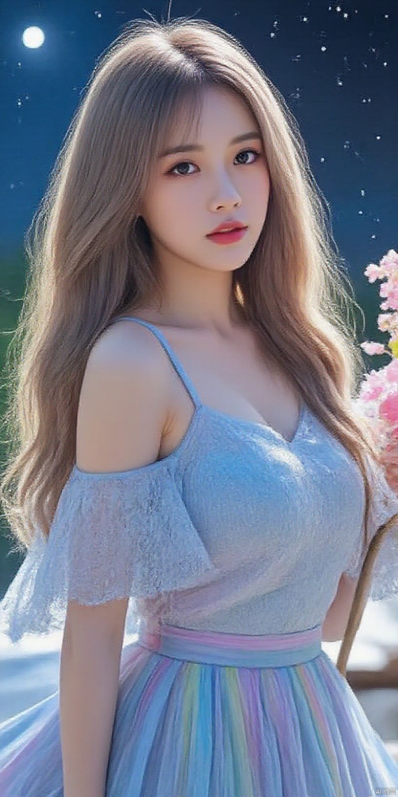 meinv,ahoge）", "val": "((extremely detailed CG)),((8k_wallpaper)),(((masterpiece))),((best quality)),watercolor_(medium),((beautiful detailed starry sky)),cinmatic lighting,loli,princess,very long rainbow hair,side view,looking at viewer,full body,frills,(far from viewer),((extremely detailed face)),((an extremely delicate and beautiful girl)),((extremely detailed cute anime face)),((extremely detailed eyes)),(((extremely detailed body))),(ultra detailed),illustration,((bare stomach)),((bare shoulder)),small breast,((sideboob)),((((floating and rainbow hair)))),(((Iridescence and rainbow hair))),(((extremely detailed sailor dress))),((((Iridescence and rainbow dress)))),(Iridescence and rainbow eyes),beautiful detailed hair,beautiful detailed dress,dramatic angle,expressionless,(big top sleeves),frills,blush,(ahoge)
