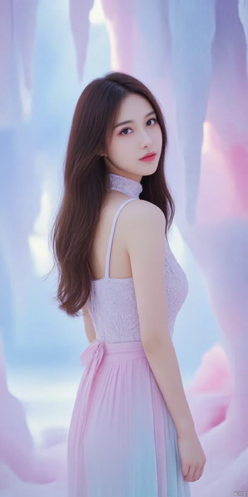meinv,of a young Asian woman standing amidst a surreal, ethereal setting. The image is a hyperrealistic digital artwork, showcasing a young woman with fair skin and long, wavy brown hair cascading down her back. She stands with a slight turn to her right, gazing directly at the viewer with a serene expression. Her attire is a pastel-colored, sleeveless dress with a fitted bodice adorned with delicate lace and a flowing, voluminous skirt that transitions from pastel pink at the top to soft lavender at the bottom, creating a gradient effect. The dress adds a touch of elegance and whimsy to her appearance. 

The background is a fantastical landscape composed of crystalline structures in pastel shades of blue, purple, and pink, resembling a dreamy, otherworldly ice cave. The crystals are intricately detailed, adding a sense of enchantment to the scene. The overall atmosphere is serene and ethereal, with soft lighting enhancing the dreamlike quality of the artwork. The young woman's delicate features and the surreal, crystalline environment create a harmonious and mesmerizing visual composition., ,