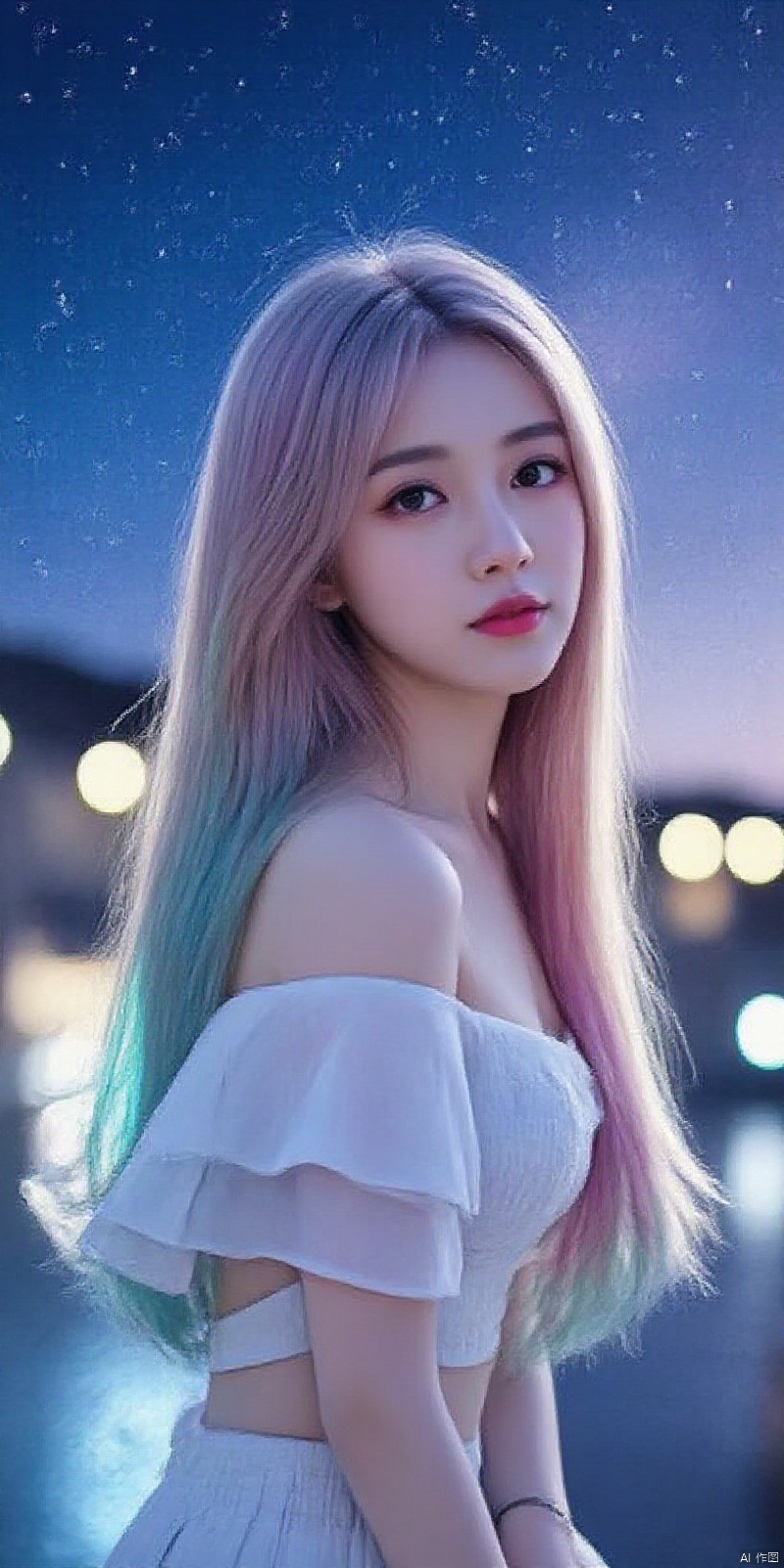 meinv,ahoge）", "val": "((extremely detailed CG)),((8k_wallpaper)),(((masterpiece))),((best quality)),watercolor_(medium),((beautiful detailed starry sky)),cinmatic lighting,loli,princess,very long rainbow hair,side view,looking at viewer,full body,frills,(far from viewer),((extremely detailed face)),((an extremely delicate and beautiful girl)),((extremely detailed cute anime face)),((extremely detailed eyes)),(((extremely detailed body))),(ultra detailed),illustration,((bare stomach)),((bare shoulder)),small breast,((sideboob)),((((floating and rainbow hair)))),(((Iridescence and rainbow hair))),(((extremely detailed sailor dress))),((((Iridescence and rainbow dress)))),(Iridescence and rainbow eyes),beautiful detailed hair,beautiful detailed dress,dramatic angle,expressionless,(big top sleeves),frills,blush,(ahoge)