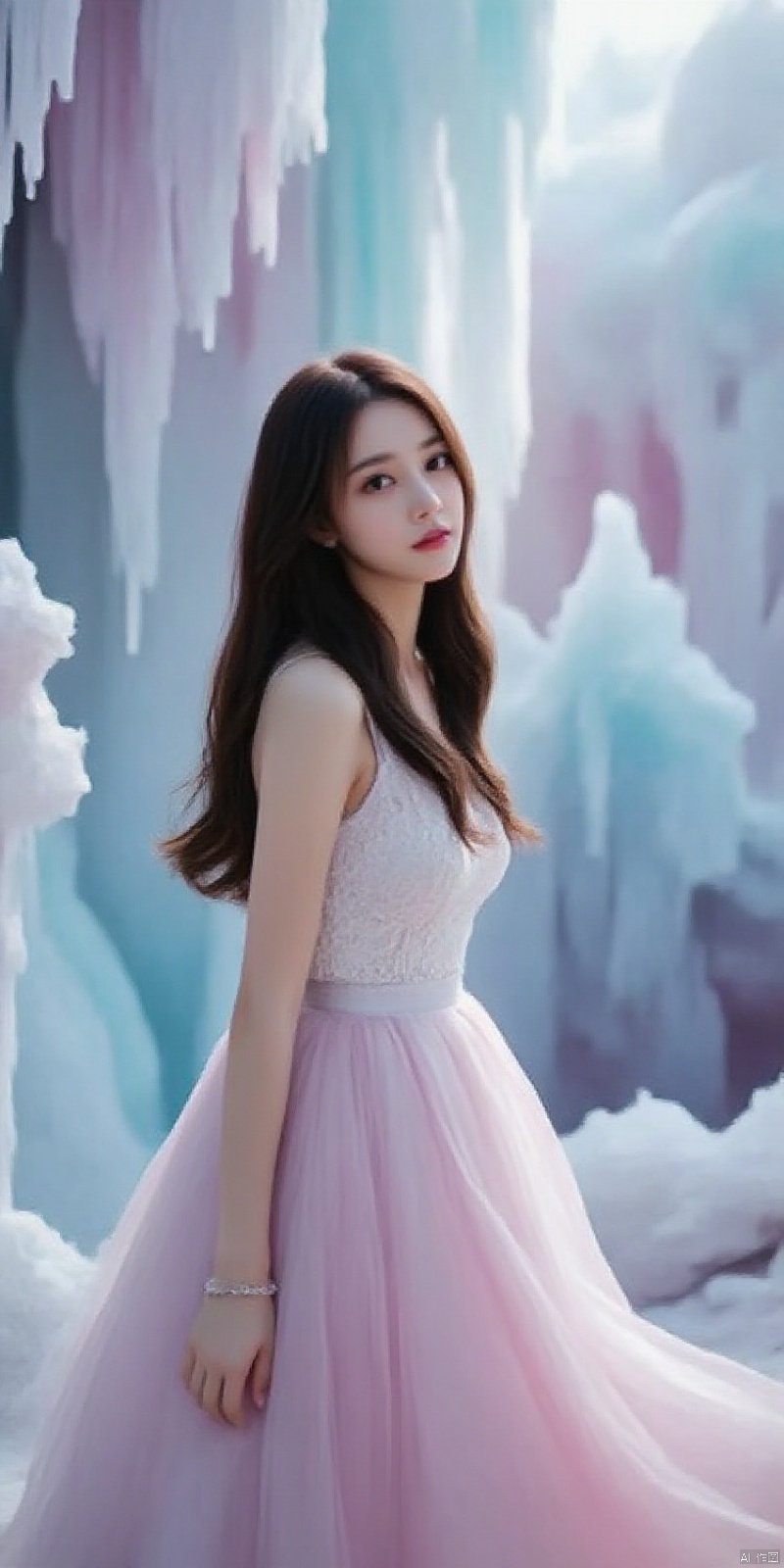 meinv,of a young Asian woman standing amidst a surreal, ethereal setting. The image is a hyperrealistic digital artwork, showcasing a young woman with fair skin and long, wavy brown hair cascading down her back. She stands with a slight turn to her right, gazing directly at the viewer with a serene expression. Her attire is a pastel-colored, sleeveless dress with a fitted bodice adorned with delicate lace and a flowing, voluminous skirt that transitions from pastel pink at the top to soft lavender at the bottom, creating a gradient effect. The dress adds a touch of elegance and whimsy to her appearance. 

The background is a fantastical landscape composed of crystalline structures in pastel shades of blue, purple, and pink, resembling a dreamy, otherworldly ice cave. The crystals are intricately detailed, adding a sense of enchantment to the scene. The overall atmosphere is serene and ethereal, with soft lighting enhancing the dreamlike quality of the artwork. The young woman's delicate features and the surreal, crystalline environment create a harmonious and mesmerizing visual composition., ,