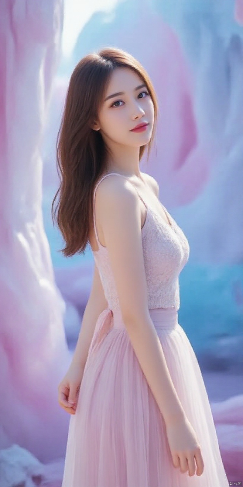 meinv,of a young Asian woman standing amidst a surreal, ethereal setting. The image is a hyperrealistic digital artwork, showcasing a young woman with fair skin and long, wavy brown hair cascading down her back. She stands with a slight turn to her right, gazing directly at the viewer with a serene expression. Her attire is a pastel-colored, sleeveless dress with a fitted bodice adorned with delicate lace and a flowing, voluminous skirt that transitions from pastel pink at the top to soft lavender at the bottom, creating a gradient effect. The dress adds a touch of elegance and whimsy to her appearance. 

The background is a fantastical landscape composed of crystalline structures in pastel shades of blue, purple, and pink, resembling a dreamy, otherworldly ice cave. The crystals are intricately detailed, adding a sense of enchantment to the scene. The overall atmosphere is serene and ethereal, with soft lighting enhancing the dreamlike quality of the artwork. The young woman's delicate features and the surreal, crystalline environment create a harmonious and mesmerizing visual composition., ,