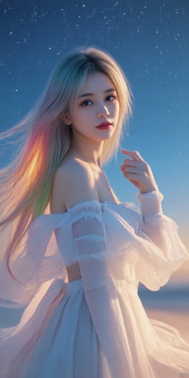 meinv,ahoge）", "val": "((extremely detailed CG)),((8k_wallpaper)),(((masterpiece))),((best quality)),watercolor_(medium),((beautiful detailed starry sky)),cinmatic lighting,loli,princess,very long rainbow hair,side view,looking at viewer,full body,frills,(far from viewer),((extremely detailed face)),((an extremely delicate and beautiful girl)),((extremely detailed cute anime face)),((extremely detailed eyes)),(((extremely detailed body))),(ultra detailed),illustration,((bare stomach)),((bare shoulder)),small breast,((sideboob)),((((floating and rainbow hair)))),(((Iridescence and rainbow hair))),(((extremely detailed sailor dress))),((((Iridescence and rainbow dress)))),(Iridescence and rainbow eyes),beautiful detailed hair,beautiful detailed dress,dramatic angle,expressionless,(big top sleeves),frills,blush,(ahoge)