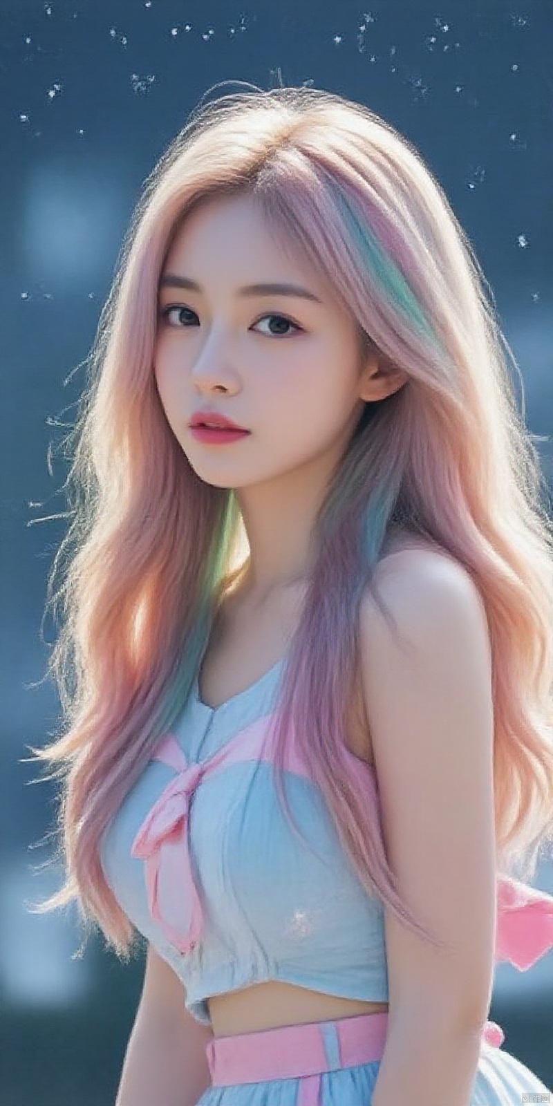 meinv,ahoge）", "val": "((extremely detailed CG)),((8k_wallpaper)),(((masterpiece))),((best quality)),watercolor_(medium),((beautiful detailed starry sky)),cinmatic lighting,loli,princess,very long rainbow hair,side view,looking at viewer,full body,frills,(far from viewer),((extremely detailed face)),((an extremely delicate and beautiful girl)),((extremely detailed cute anime face)),((extremely detailed eyes)),(((extremely detailed body))),(ultra detailed),illustration,((bare stomach)),((bare shoulder)),small breast,((sideboob)),((((floating and rainbow hair)))),(((Iridescence and rainbow hair))),(((extremely detailed sailor dress))),((((Iridescence and rainbow dress)))),(Iridescence and rainbow eyes),beautiful detailed hair,beautiful detailed dress,dramatic angle,expressionless,(big top sleeves),frills,blush,(ahoge)