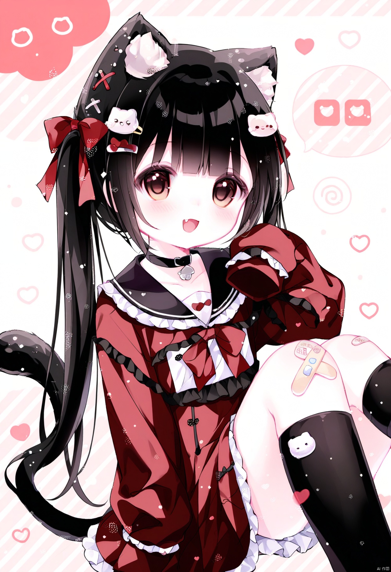 elite,1girl, solo, long hair, looking at viewer, blush, smile, open mouth, bangs, black hair, hair ornament, long sleeves, dress, bow, holding, animal ears, twintails, brown eyes, sitting, very long hair, tail, :d, hair bow, frills, choker, socks, hairclip, fang, cat ears, sailor collar, red bow, cat tail, animal ear fluff, sleeves past wrists, kneehighs, feet out of frame, black choker, red dress, frilled dress, cat girl, black socks, bandaid, puffy long sleeves, sleeves past fingers, sailor dress, black sailor collar, bandaid on leg, cat hair ornament, bandaid on knee, frilled sailor collar